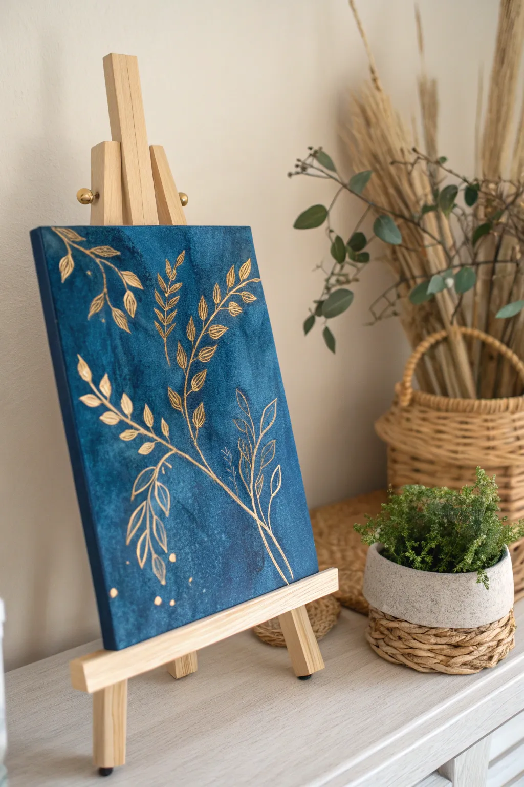 Discover the elegance of blue and gold harmony in minimalist art.