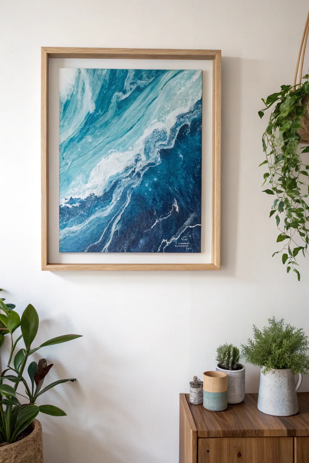 Dive into a serene underwater fantasy with this Scandinavian-inspired acrylic pour masterpiece.