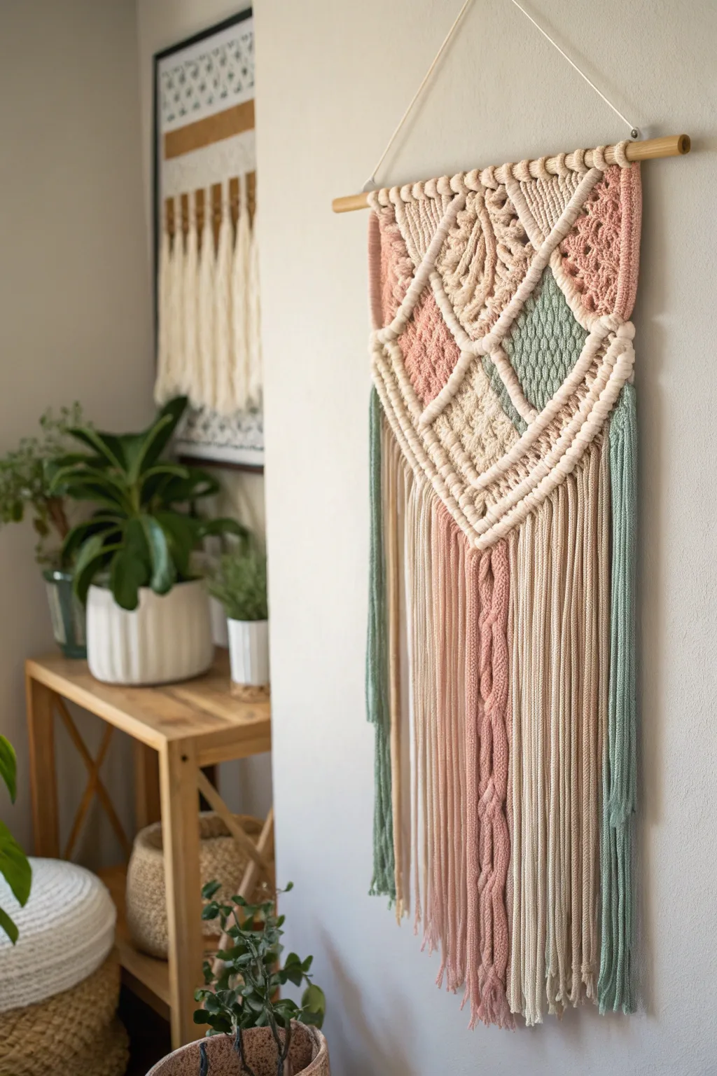 Transform your space with the serene elegance of yarn wall art, where simplicity meets handcrafted beauty.
