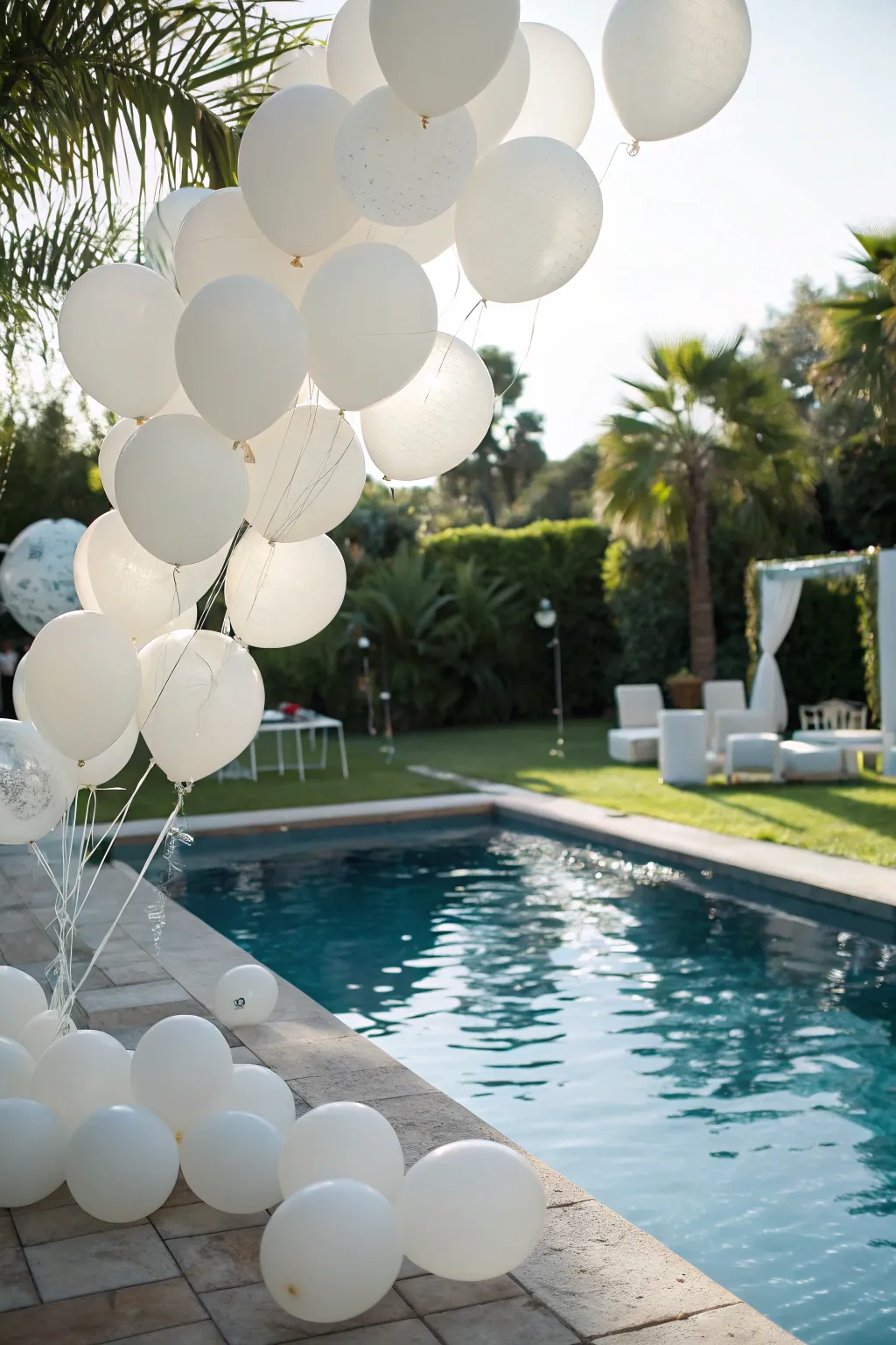 Float on elegance with white balloon decor.