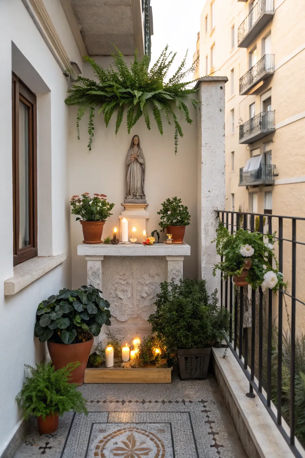 An outdoor balcony altar offers a refreshing space for reflection.