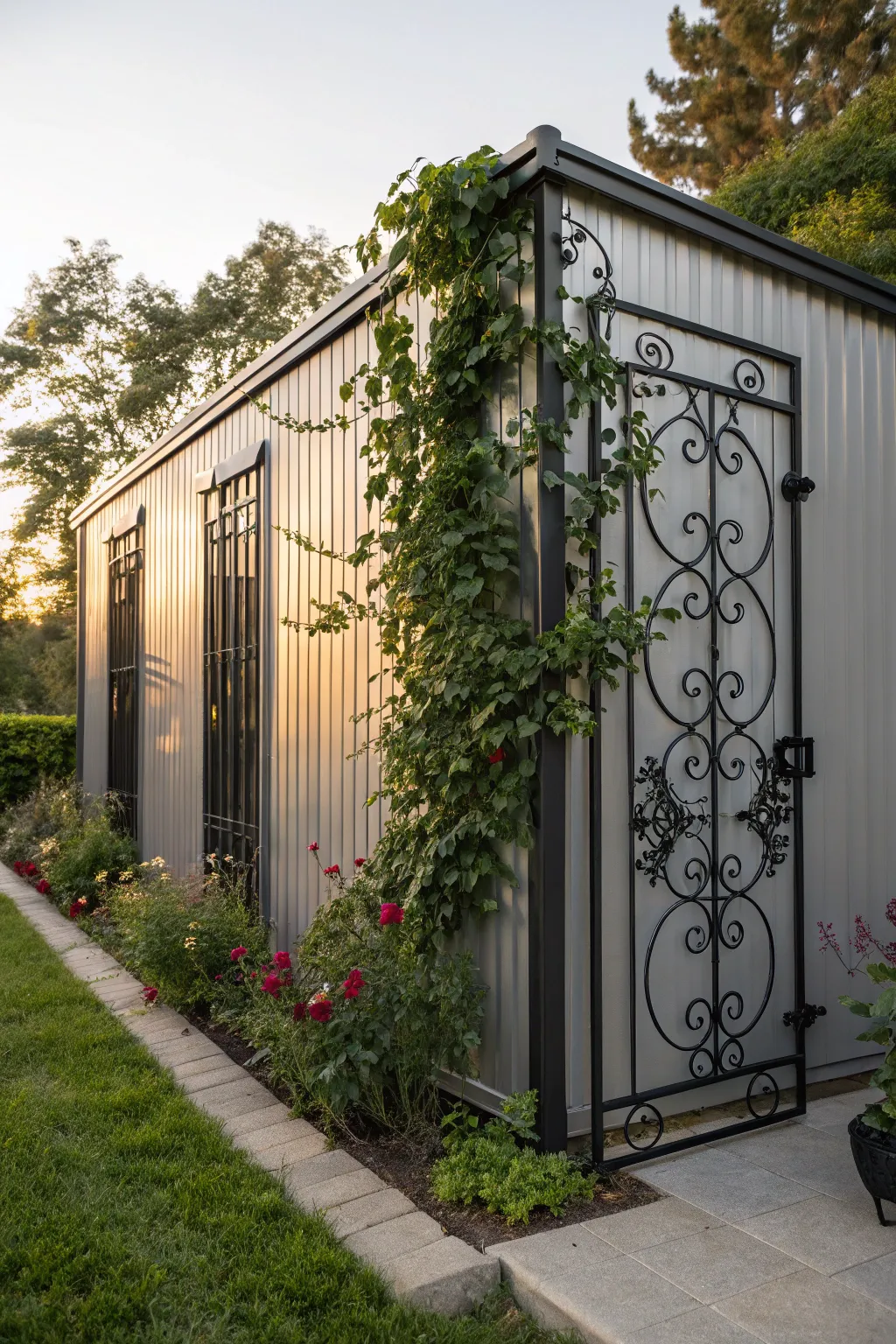 Transform your shed into a garden masterpiece with elegant trellises and climbing greenery.