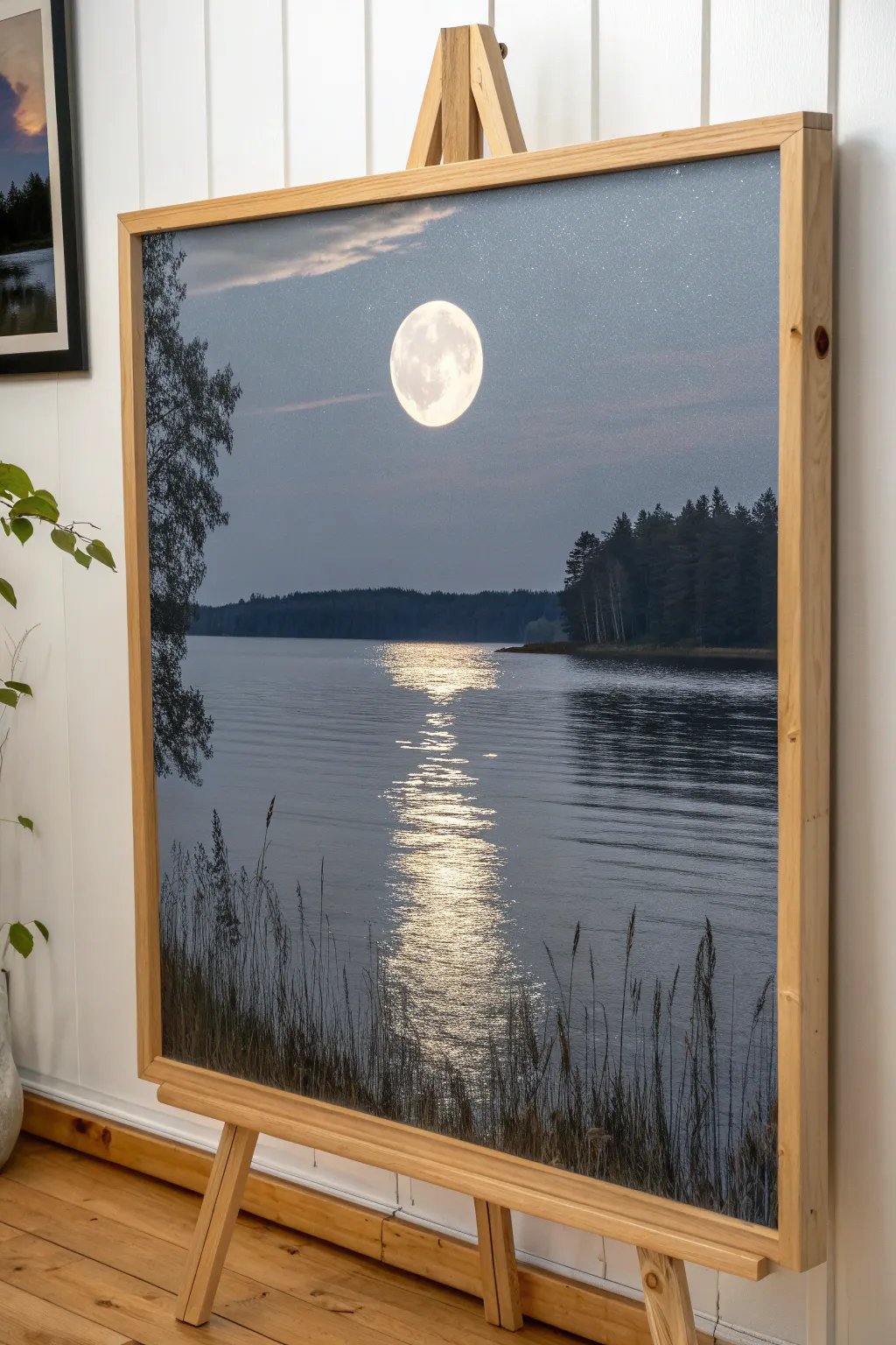 Embrace tranquility with a moonlit lake painting, where simplicity meets natural beauty.