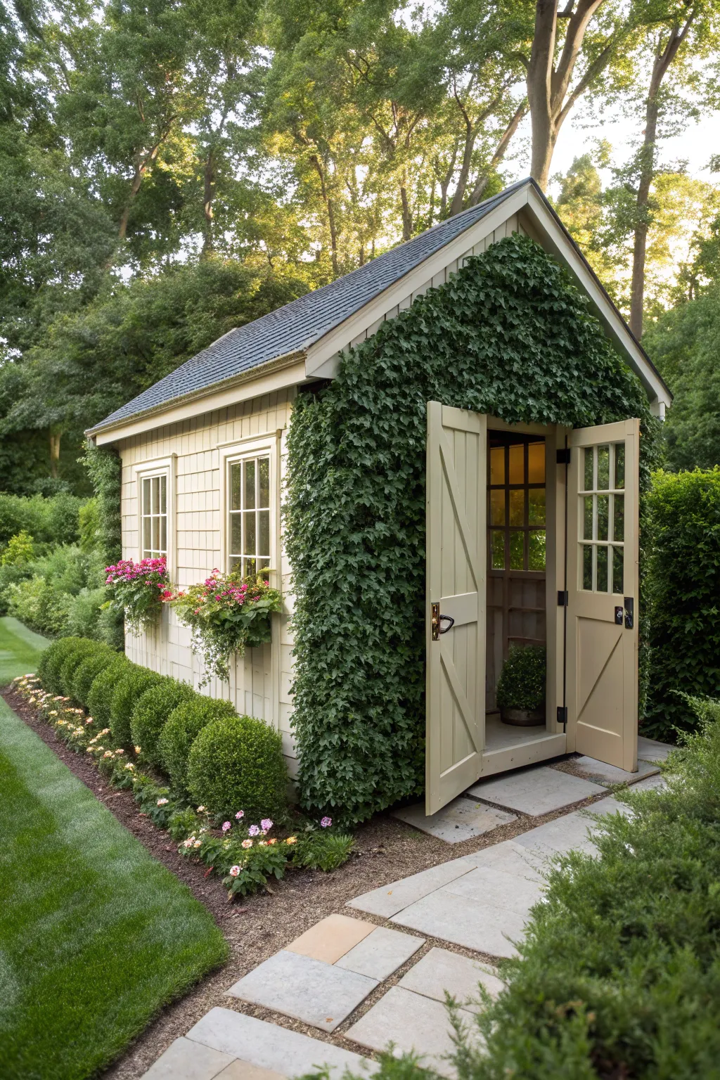 A plant wall turns a shed into a chic retreat.