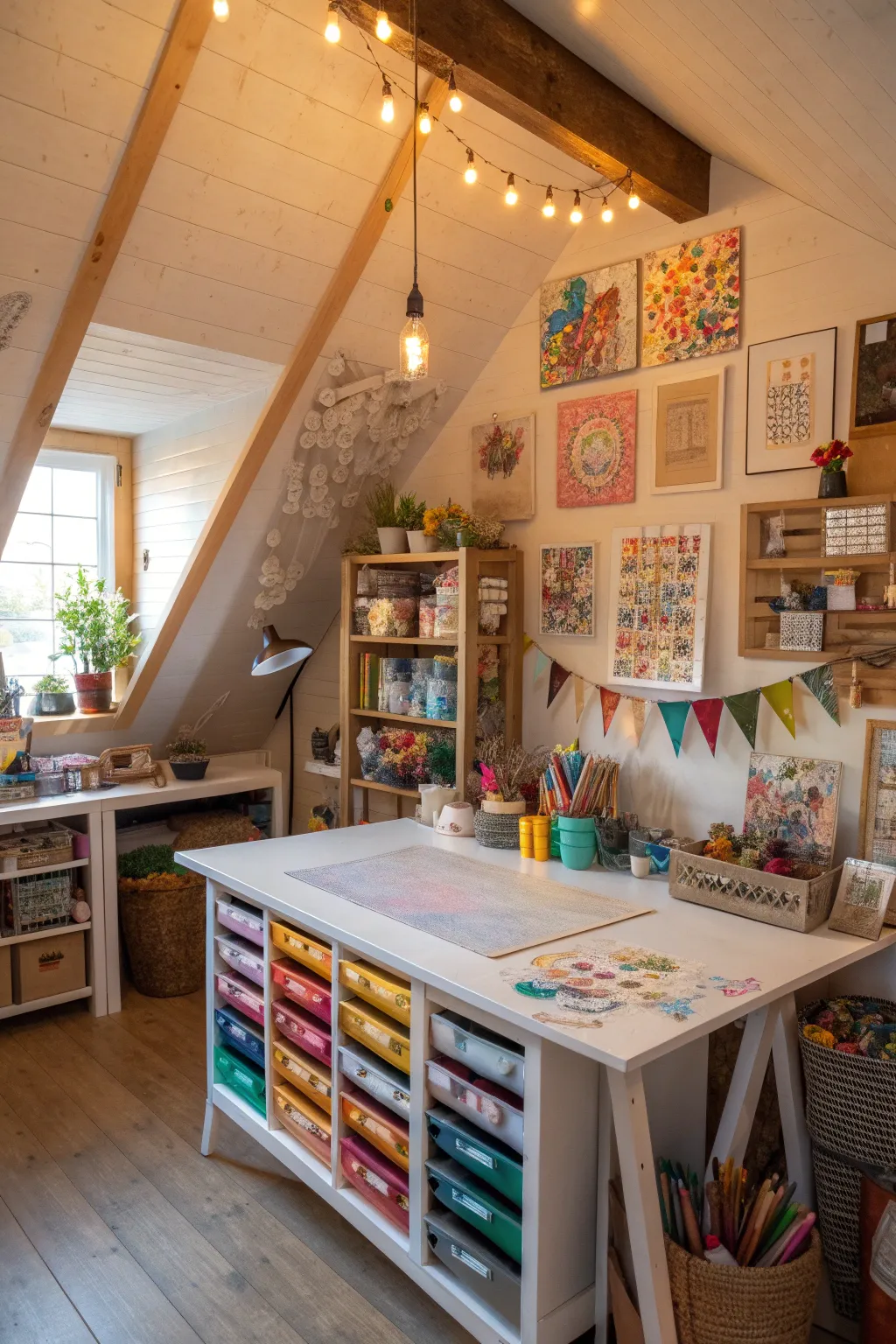 An inspiring attic space for crafting or art.