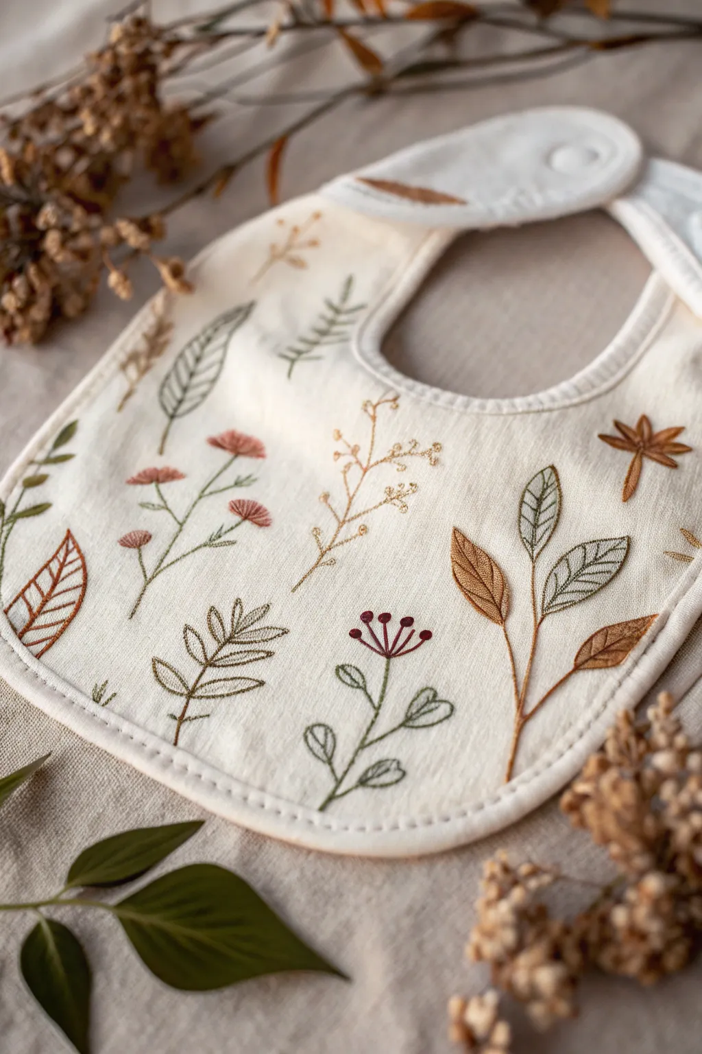 Embrace nature at meal time with this exquisitely crafted botanical baby bib.
