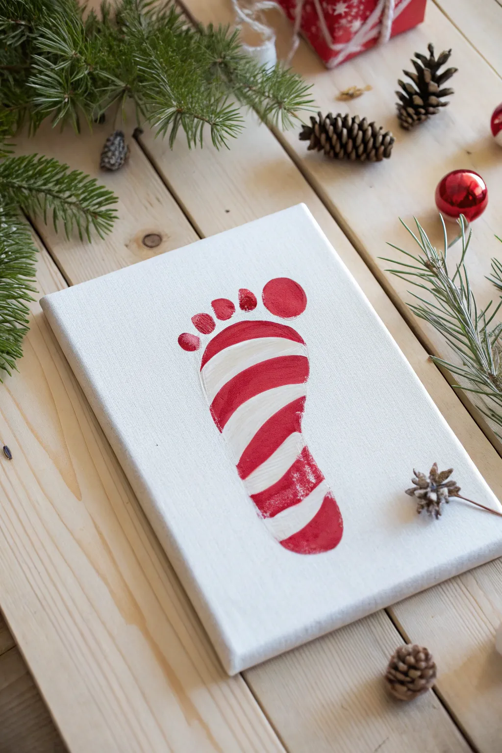 Capture the magic of tiny feet with this charming candy cane art—perfect for adding a festive, handcrafted touch to your holiday decor.