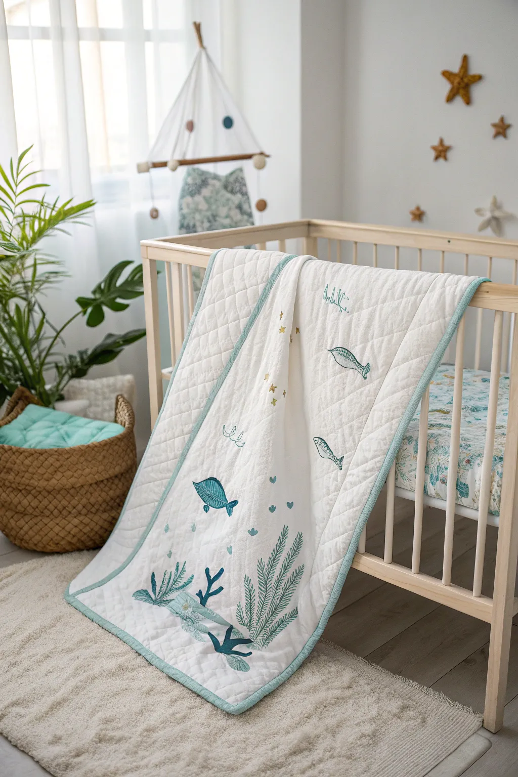 Dive into comfort with this charming Under the Sea baby quilt, the perfect touch for a serene nursery.