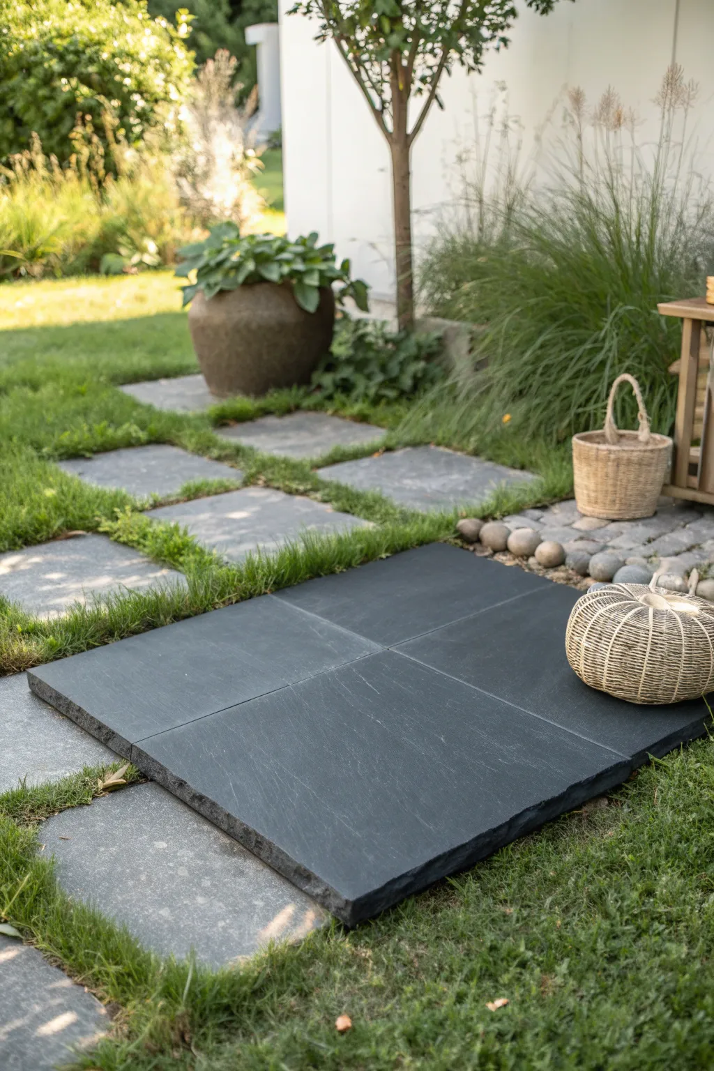 Bold elegance meets nature with this stunning basalt paver pathway.