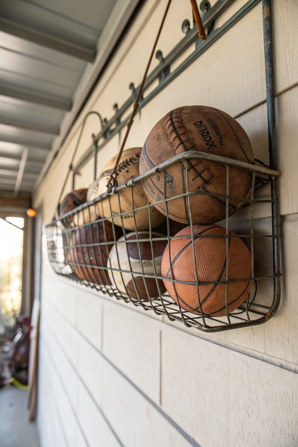 Transform your garage with rustic wire basket storage for a stylish, organized space.