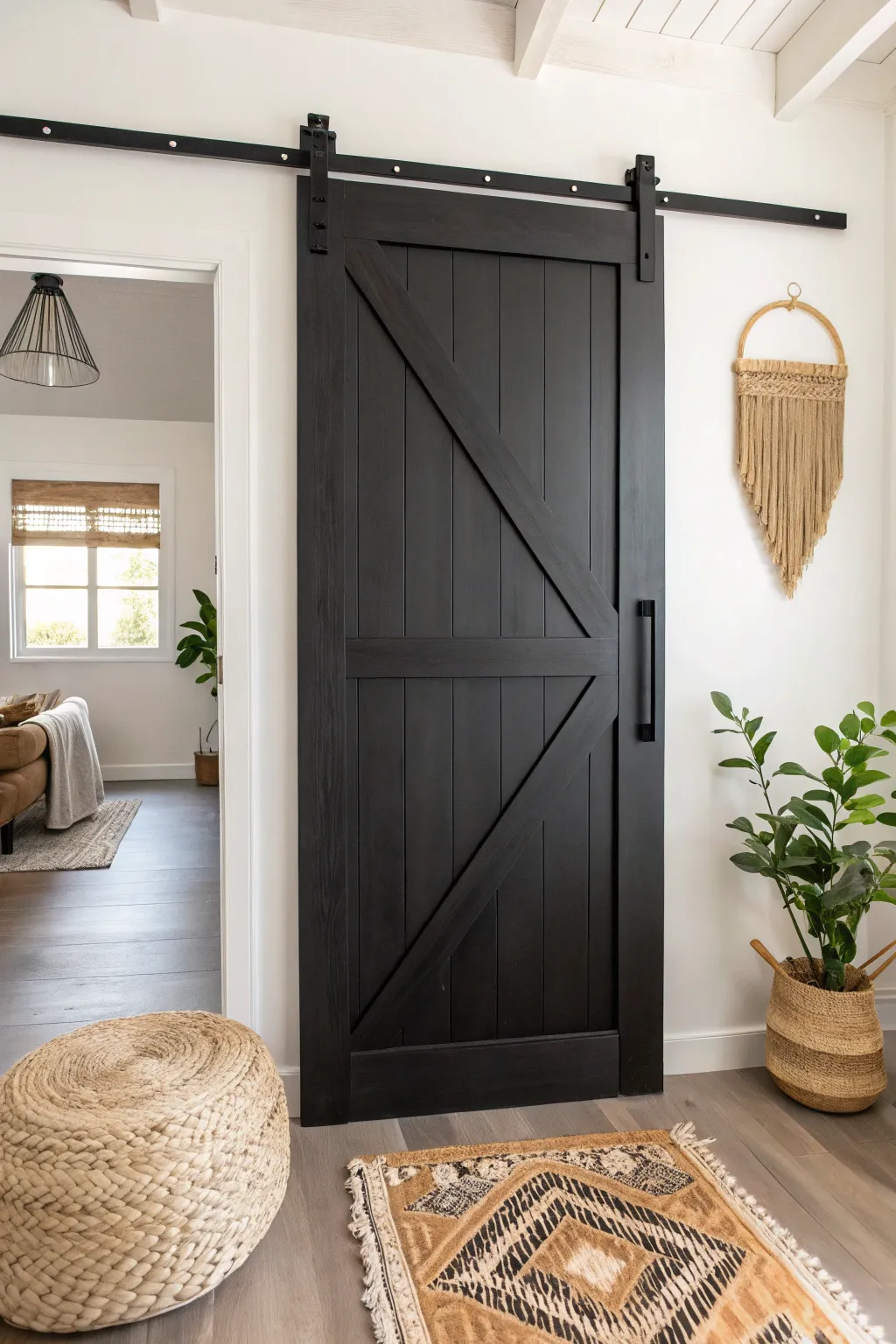Elevate your space with the bold elegance of a Black Onyx barn door, where modern meets minimalist charm.