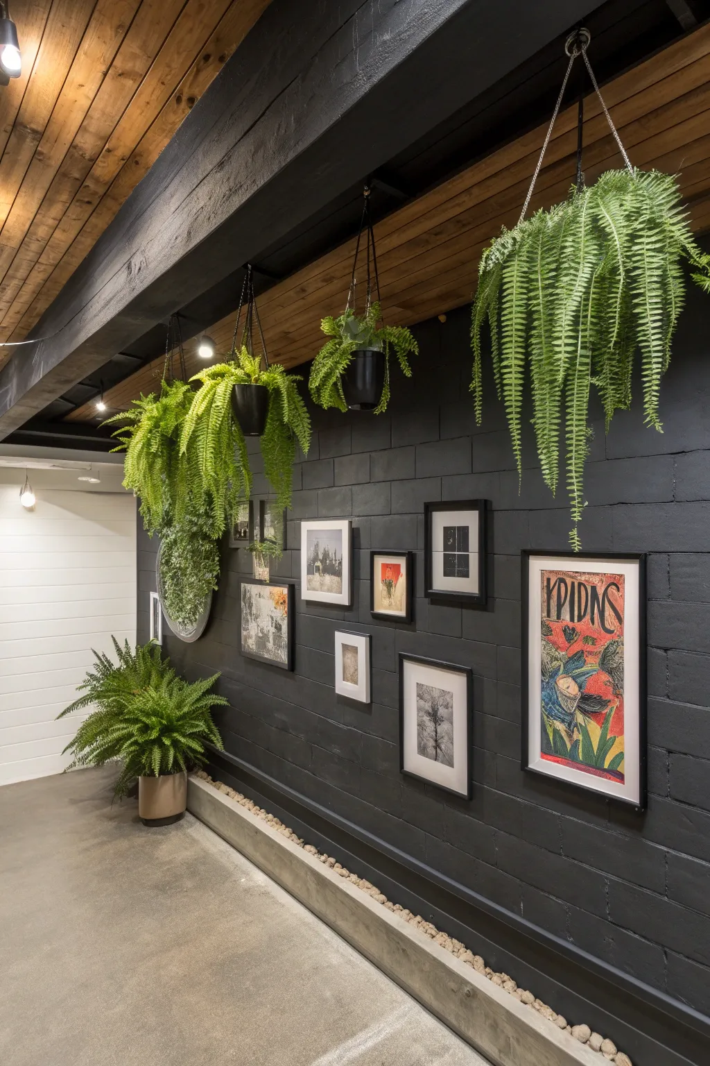 Transform your basement soffit into an artful gallery with hanging decor and greenery.