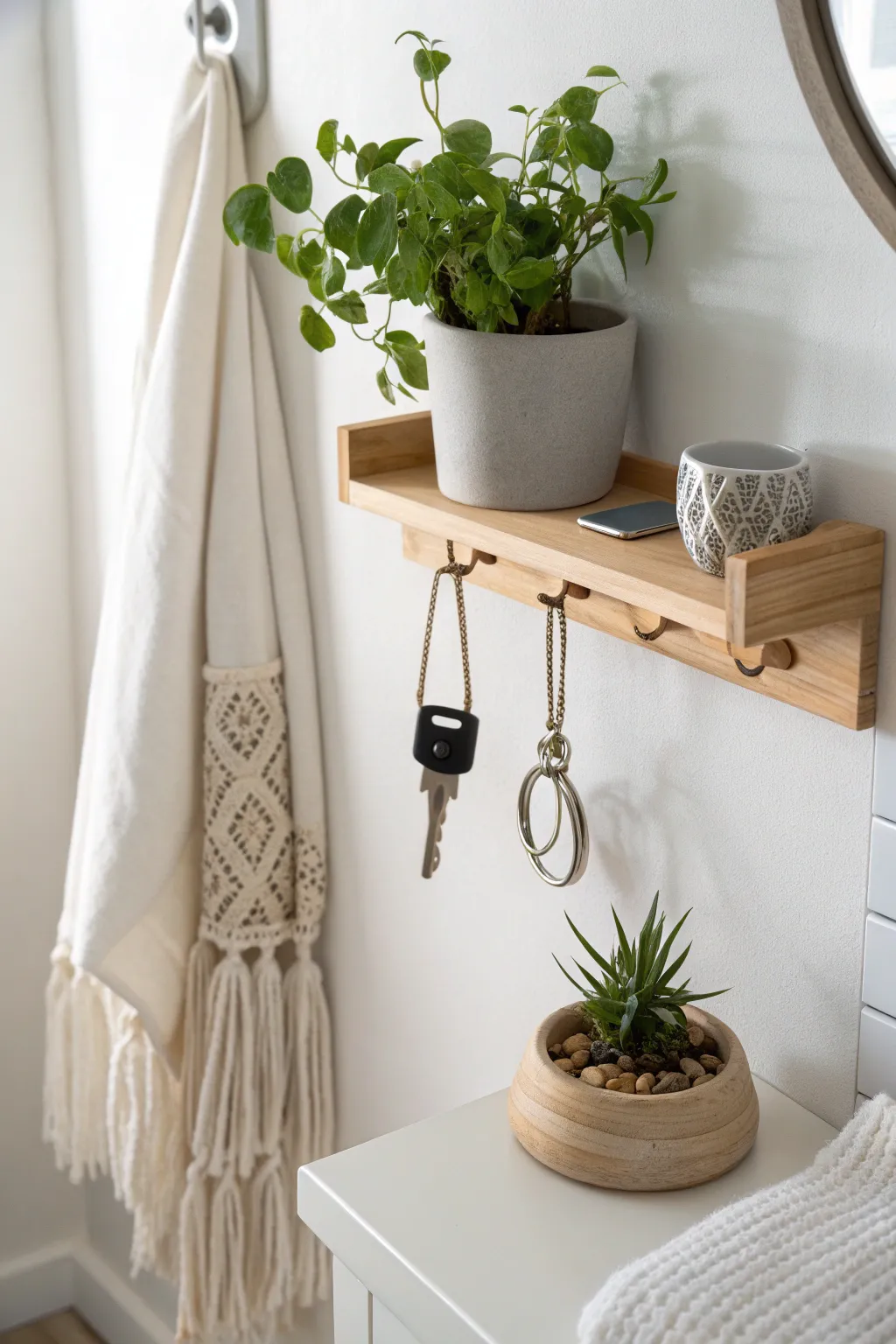 Elevate your entryway with this chic key holder and shelf, combining function and natural beauty.