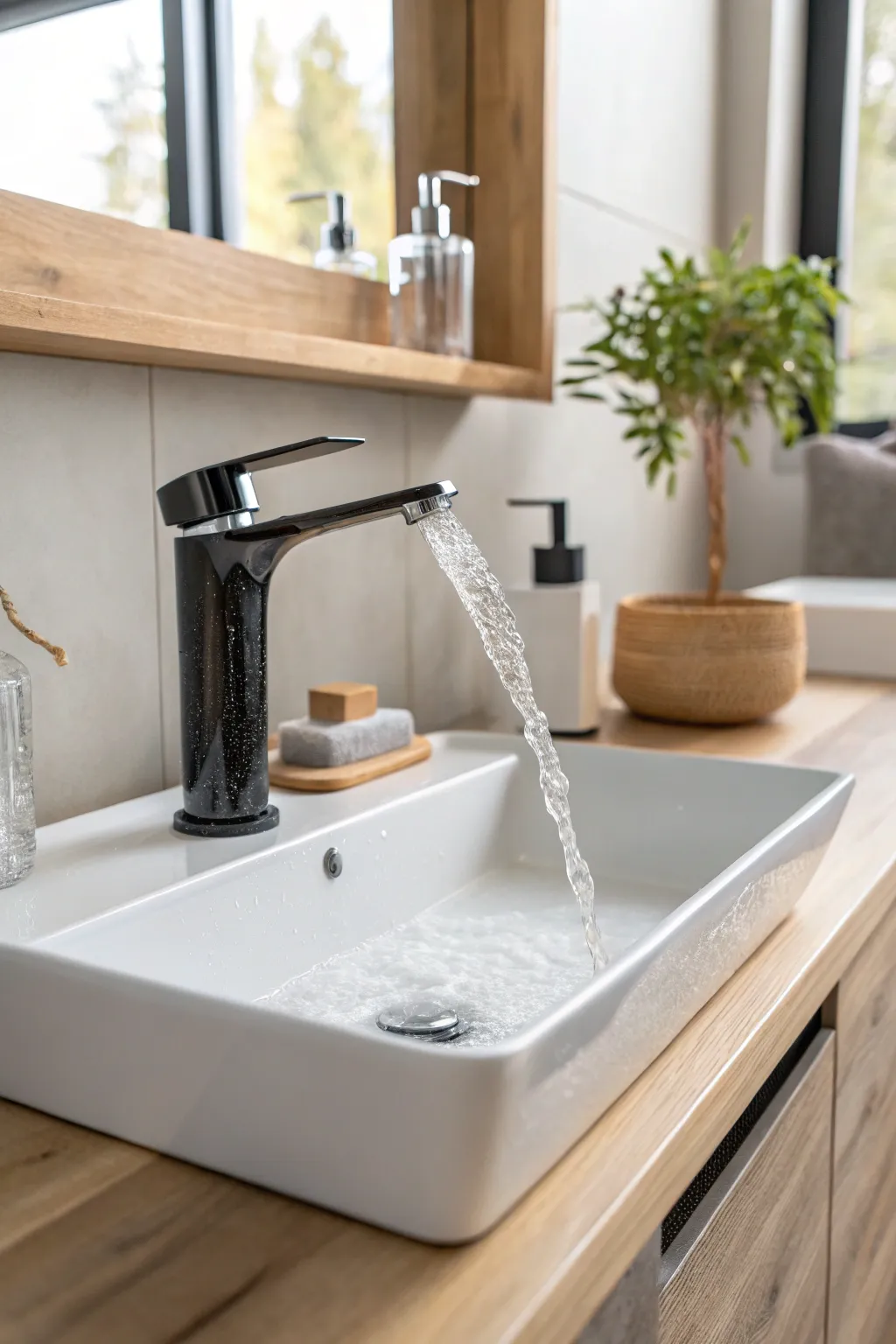 Transform your bathroom into a serene spa with a chic waterfall faucet.