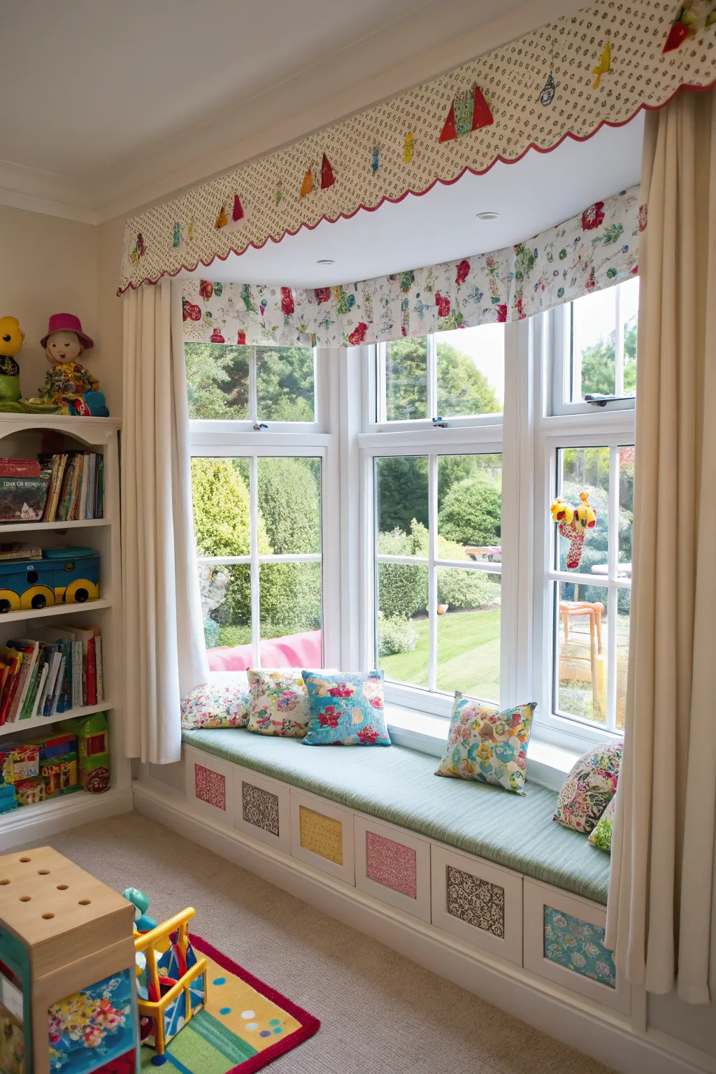 Playful cuff top valances in a colorful playroom.