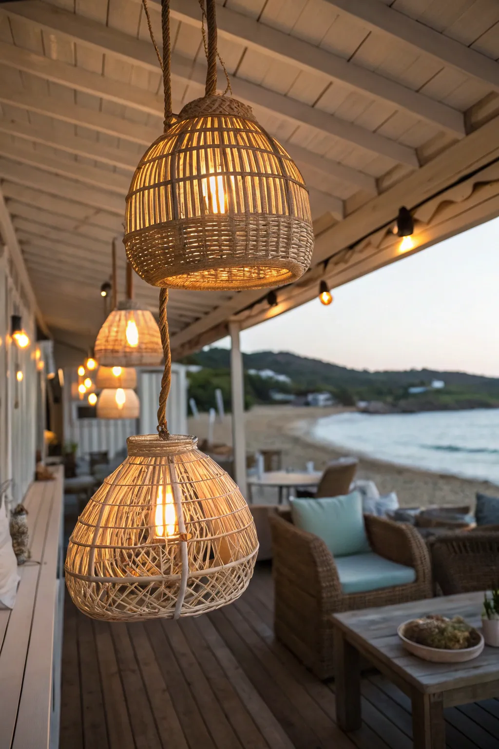 Wicker light fixtures offer warm, inviting lighting.