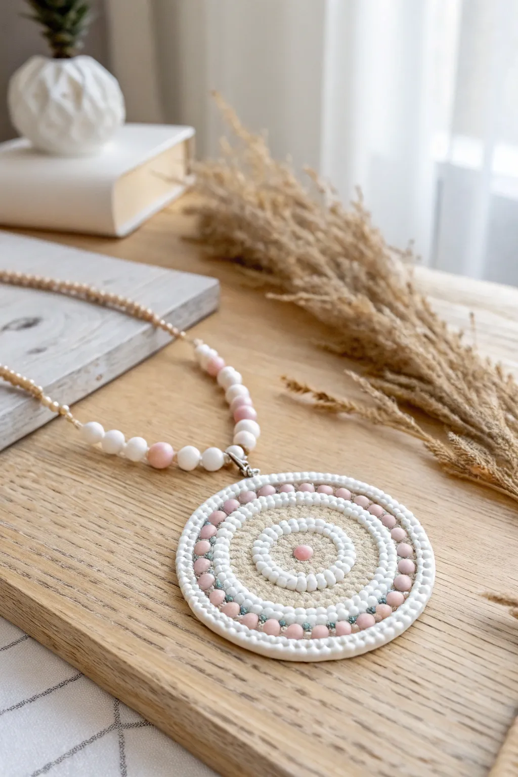 Simplicity meets elegance in this minimalist beaded medallion design.