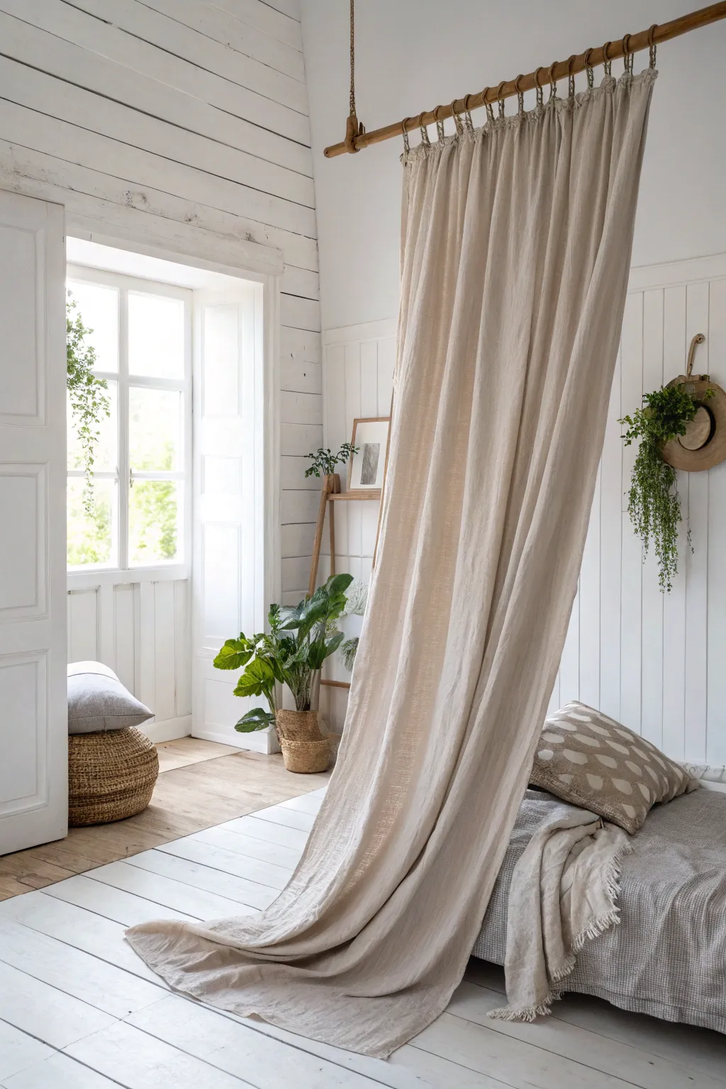 Transform old bed sheets into stunning eco-chic curtains, bringing sustainability and elegance to your minimalist space.