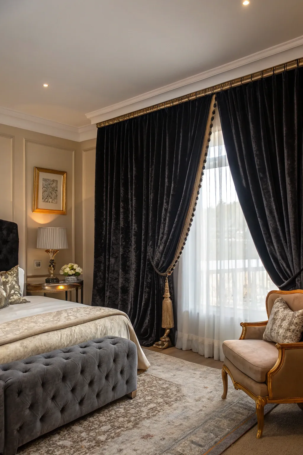Velvet curtains adding a touch of elegance to a stylish bedroom.