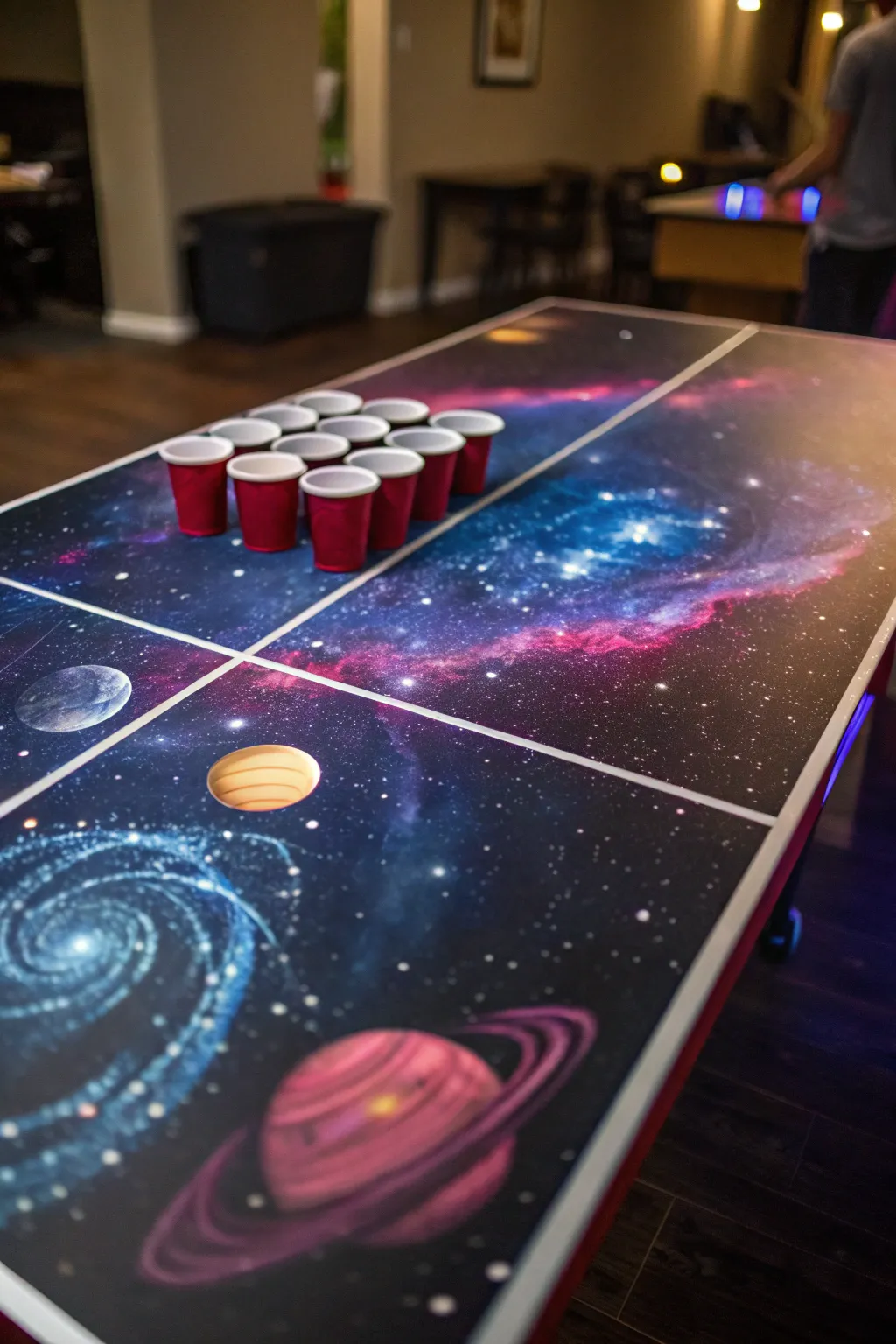 Elevate your game nights with a celestial-themed beer pong table that takes you to the stars.