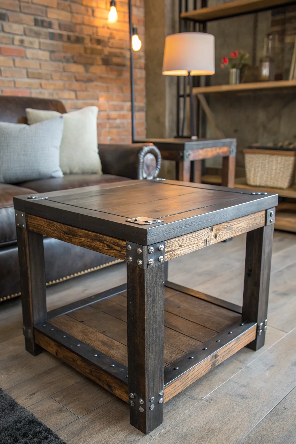 Craft your own industrial masterpiece with this all-wood side table – perfect for adding rustic charm to any space.