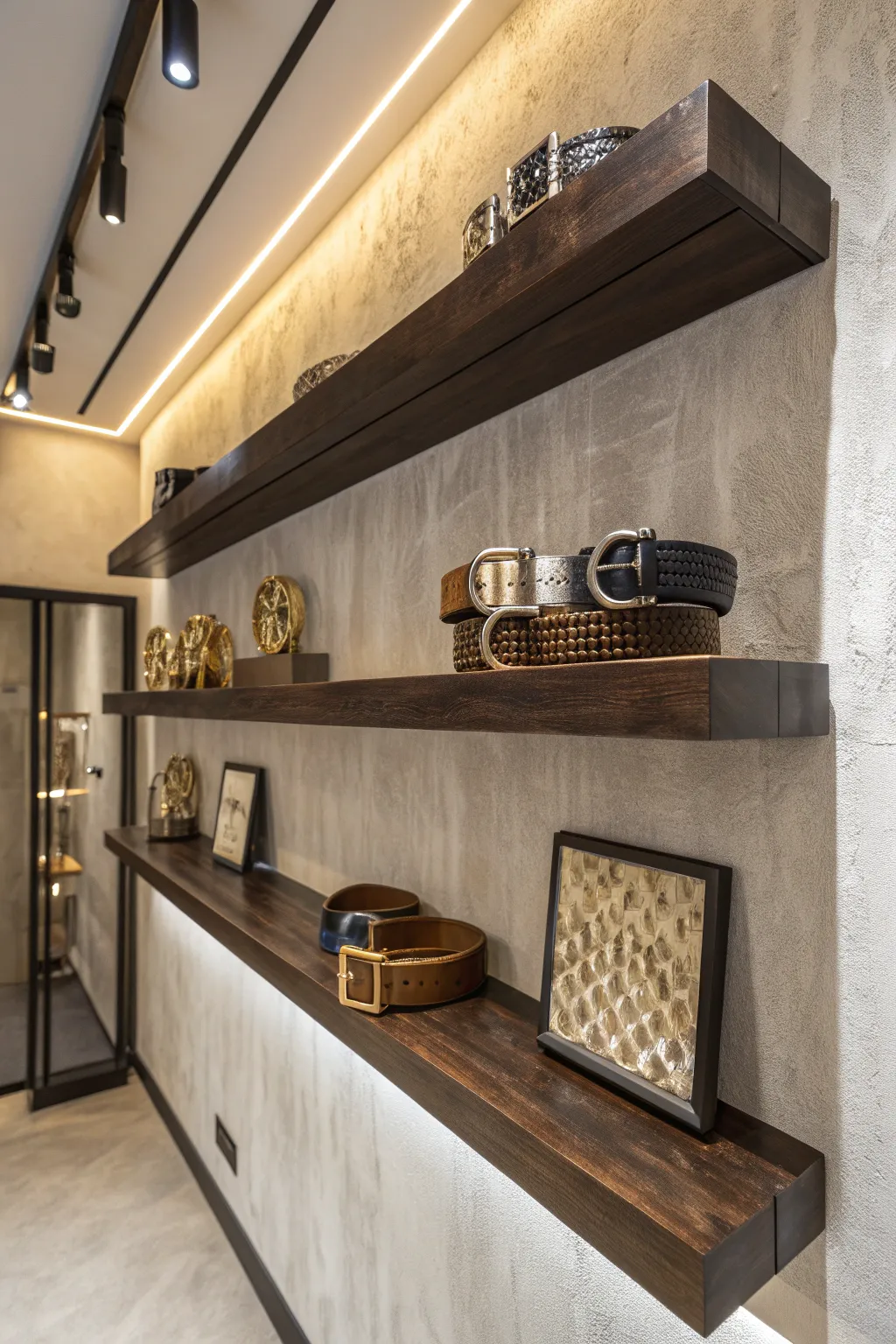 Elevate your collection with floating shelves that make your belt buckles the centerpiece of modern design.