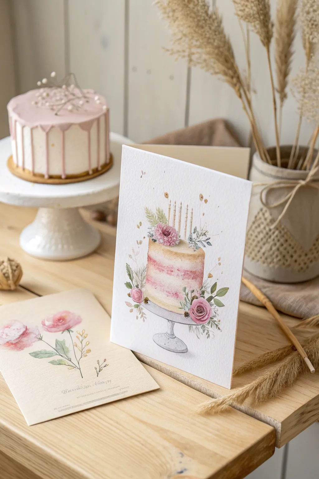Capture the art of simplicity with a watercolor cake card that speaks to the heart.