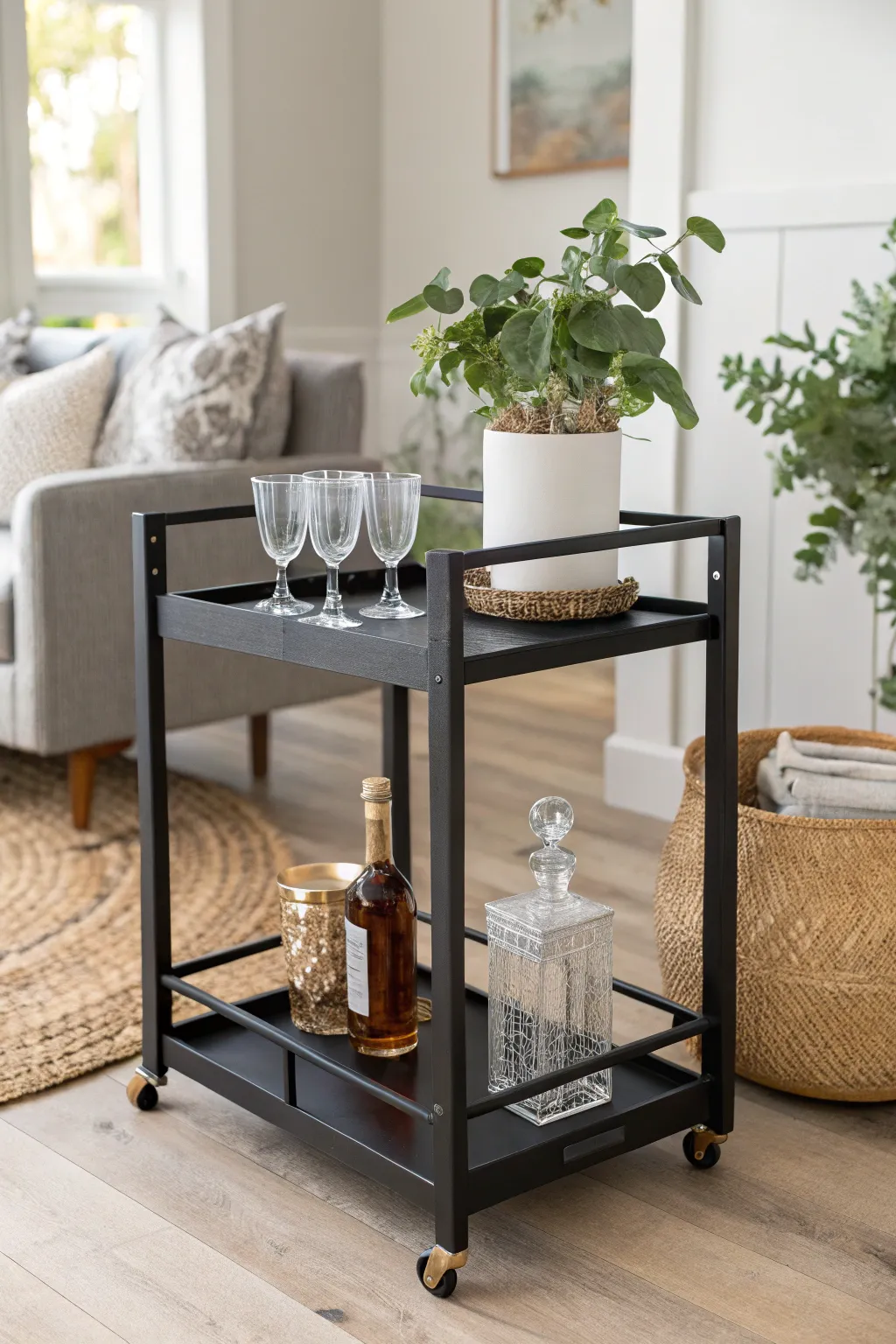 Transform your space with a chic black chalk painted bar cart, where minimalism meets boho charm.