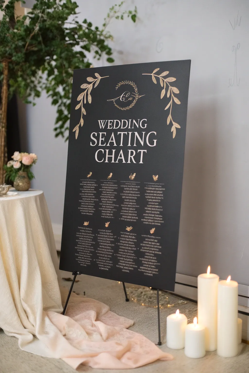 Guide your guests with style: A chic black poster board seating chart perfect for a minimalist wedding.