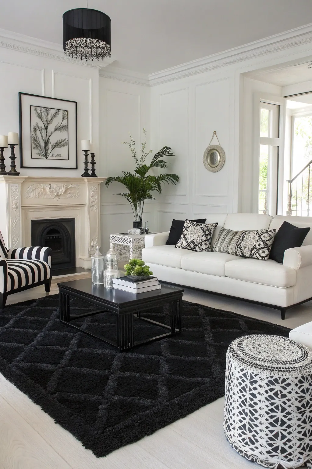 A monochrome color scheme with a black rug offers a modern and timeless aesthetic.