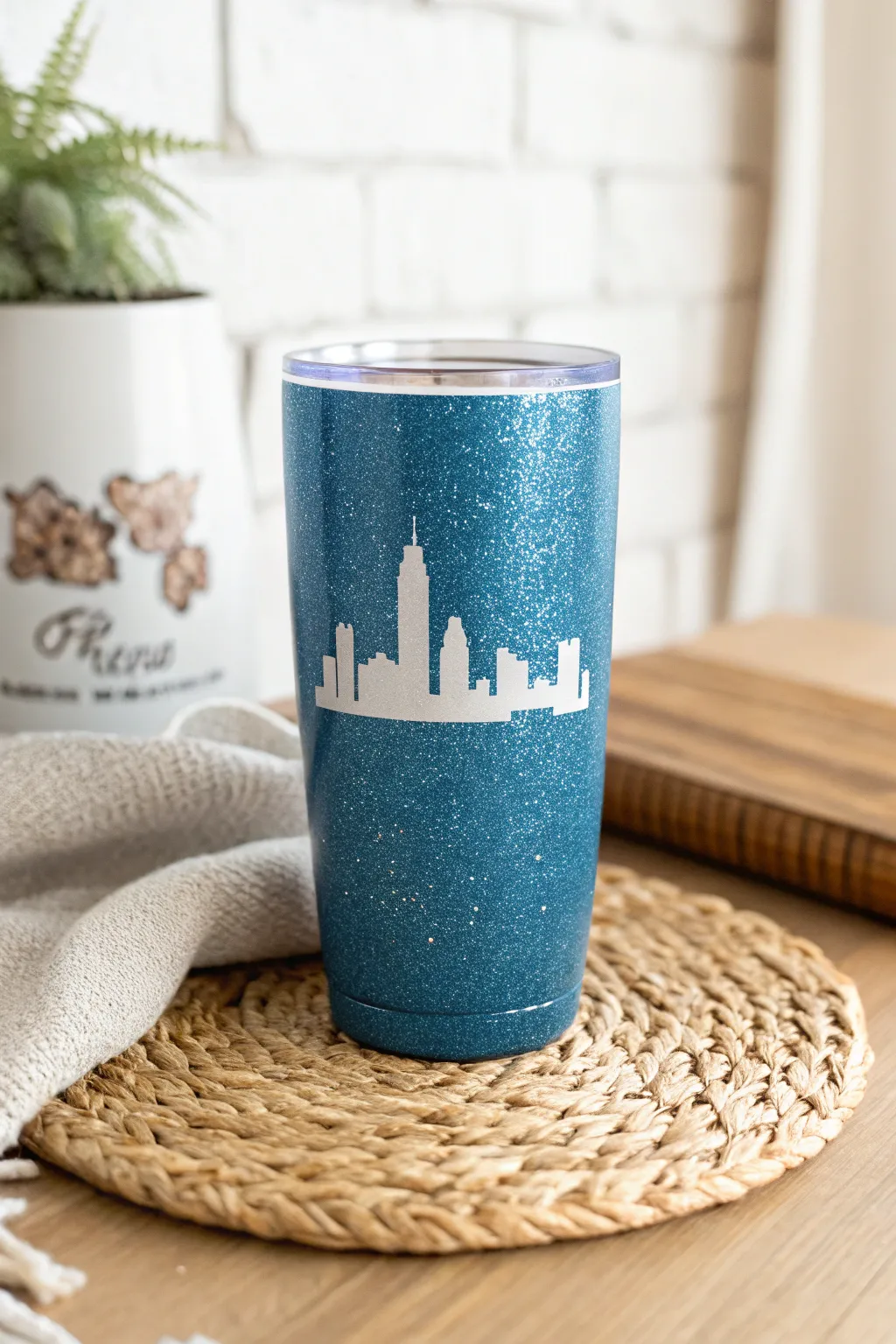Embrace simplicity and sparkle with this stunning blue glitter tumbler adorned with a vinyl skyline silhouette.