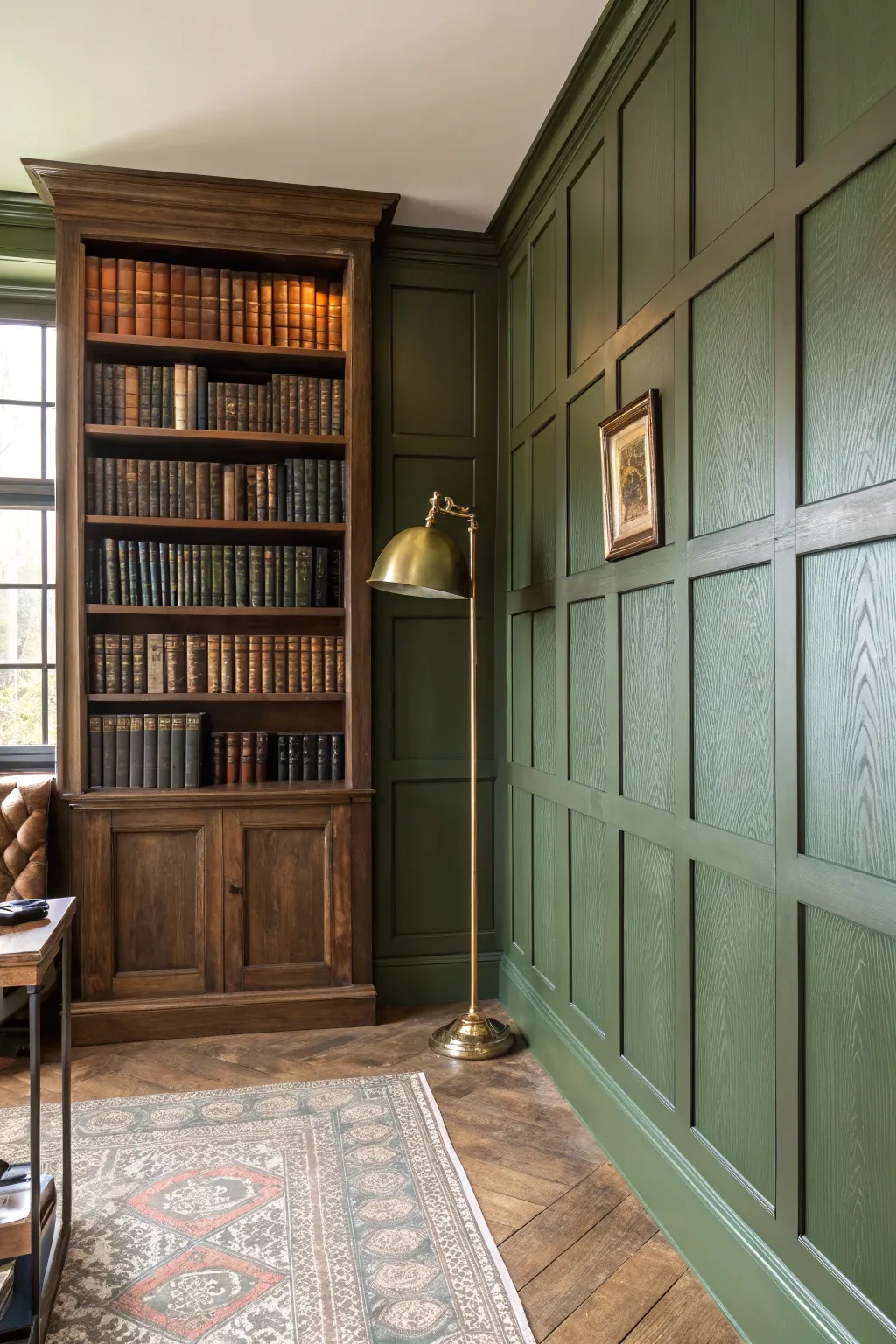 Transform your study into a timeless retreat with vintage olive green board and batten walls.