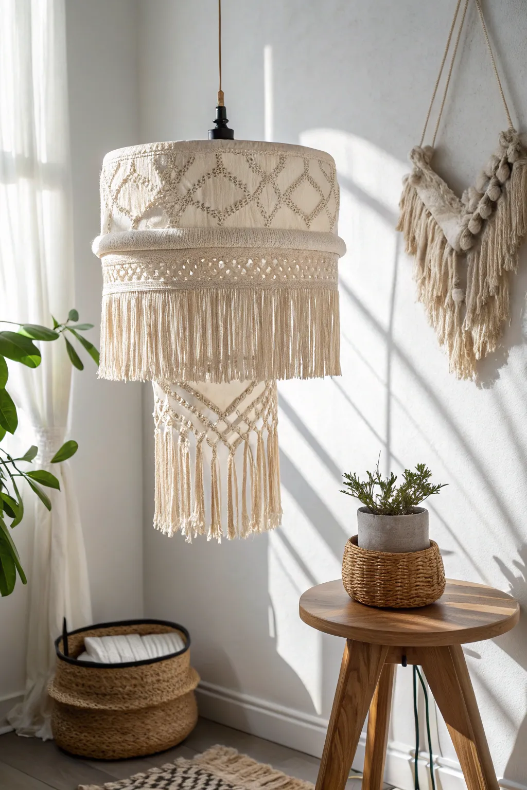 Illuminate your space with boho elegance: a DIY fringe lampshade that transforms light into art.