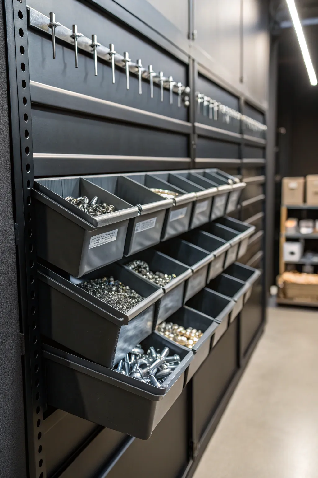 Maximize your workspace with a stylish hanging bin rack system—where form meets function.