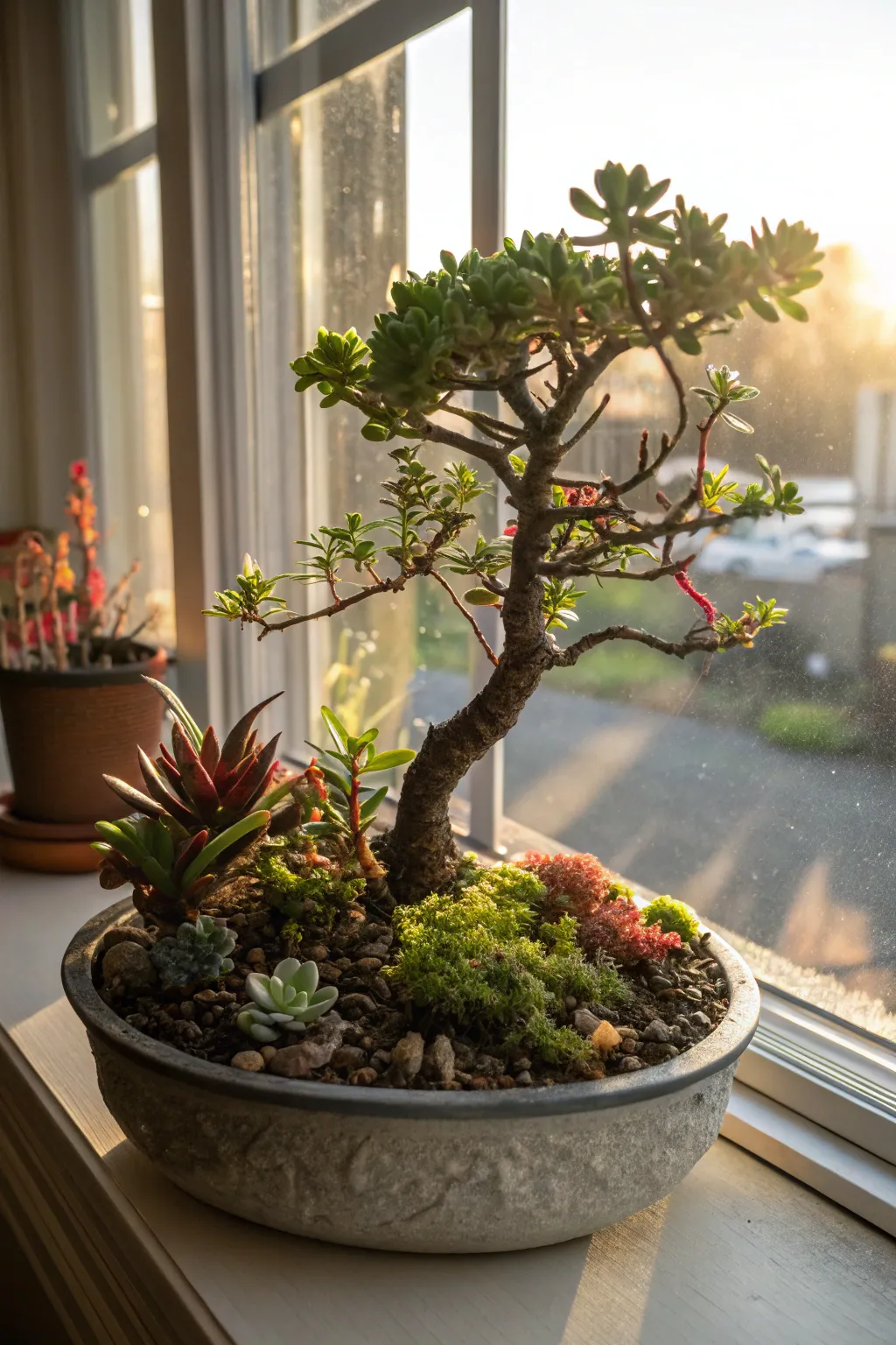 Bonsai paired with succulents for a diverse texture display