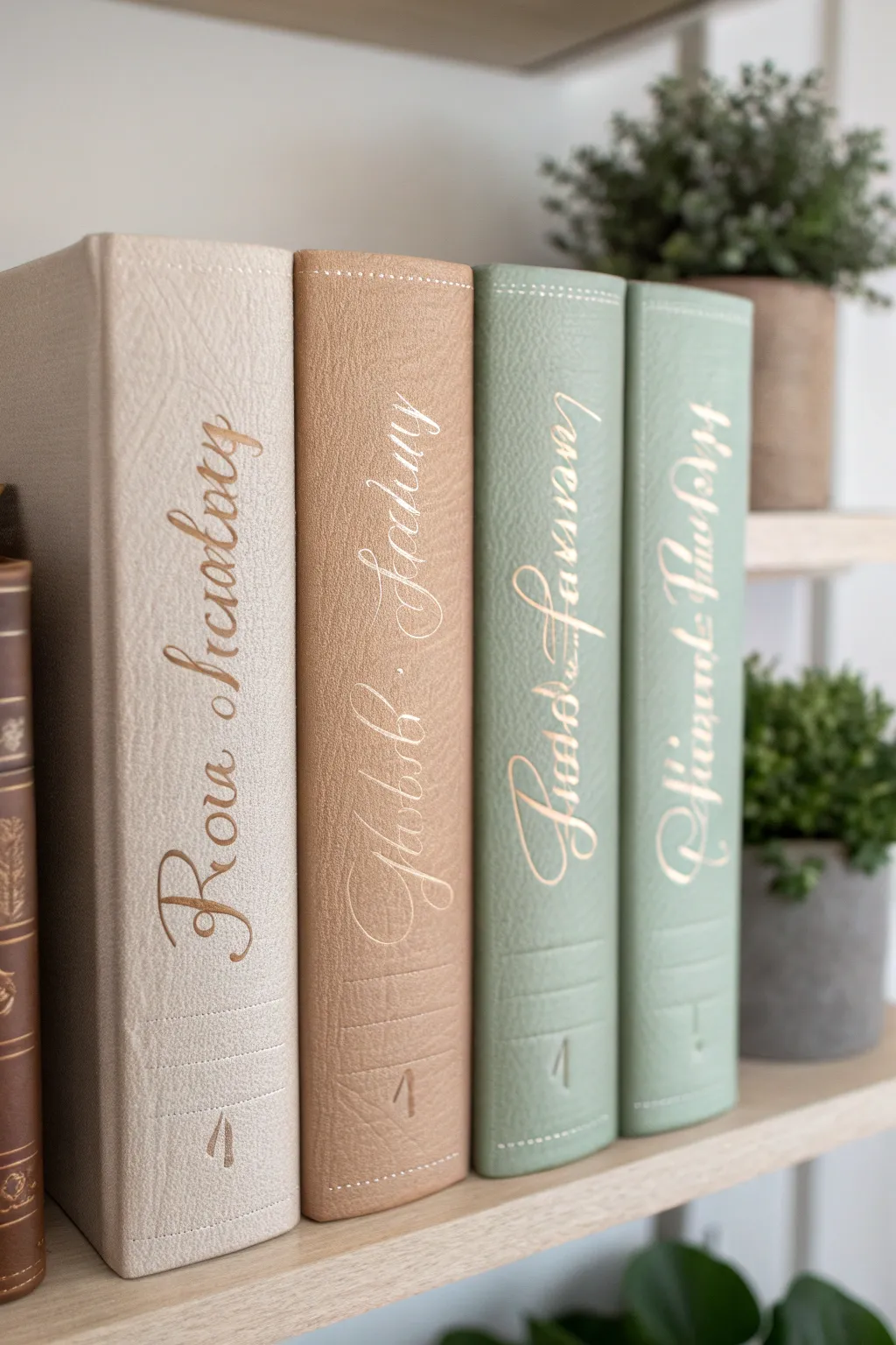 Add a personal touch to your library with custom book spines that whisper elegance and individuality.