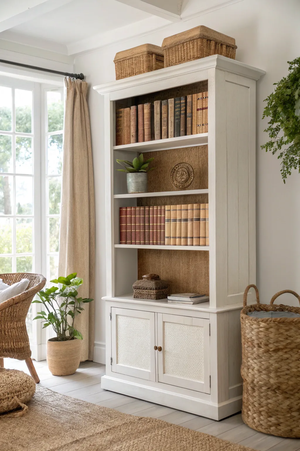 Transform your bookcase with the rustic charm of vintage grain sacks for a chic farmhouse feel.