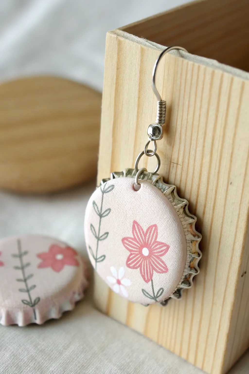 Elevate your style with these unique fabric-covered bottle cap earrings, where Scandinavian minimalism meets boho charm.