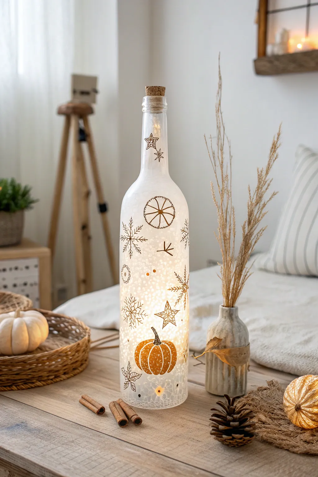 Illuminate your holidays with handcrafted elegance: a festive bottle lamp that captures the spirit of the season with understated charm.
