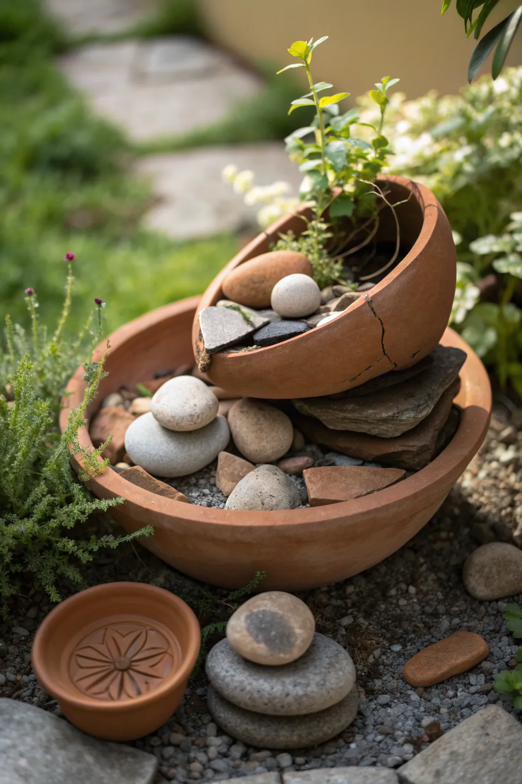 Discover the art of balance with this stunning stone arrangement in a broken pot planter.