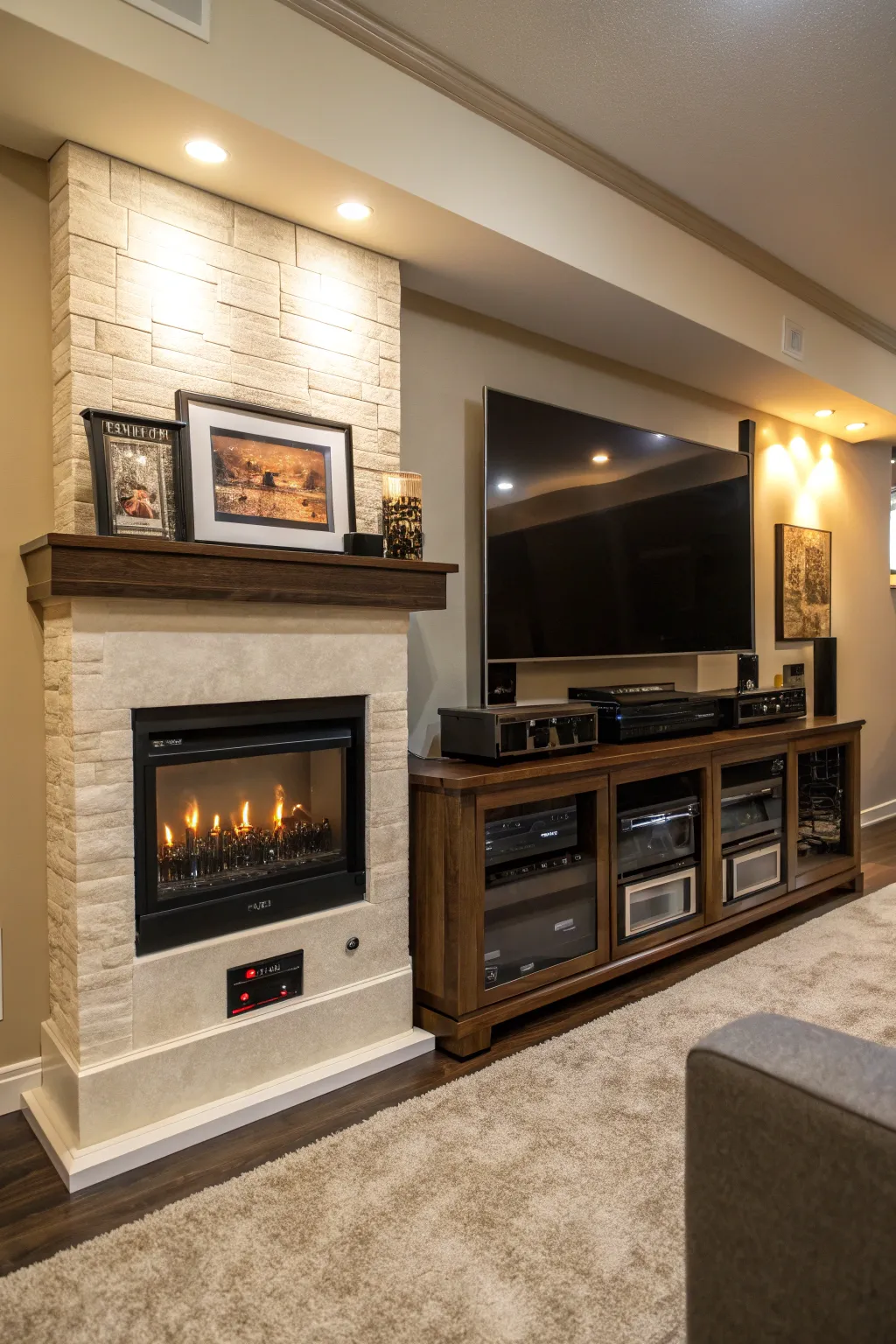 Smart technology seamlessly integrates into this modern entertainment center.