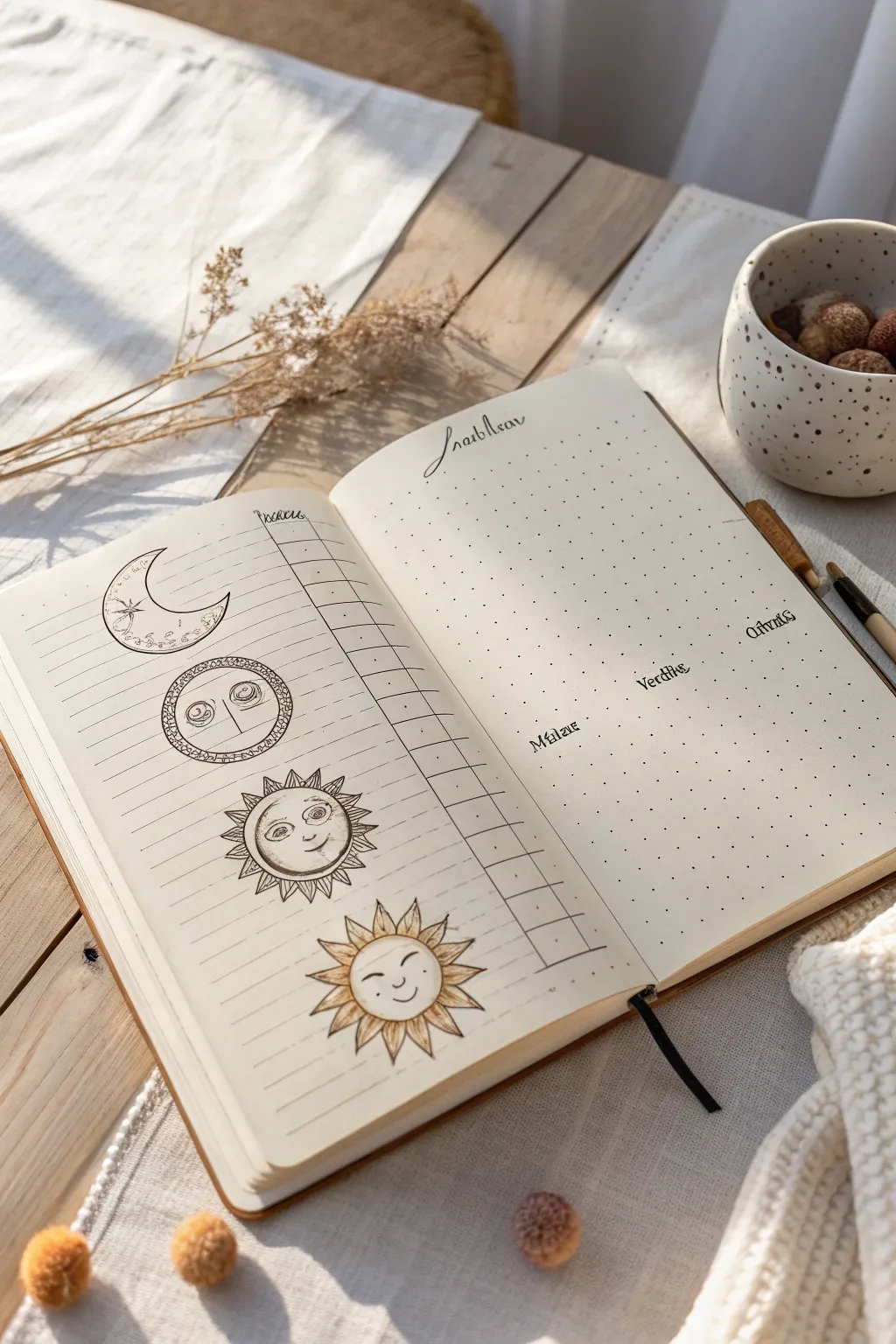 Capture your emotions with elegance: Transform your bullet journal into a work of art with daily mood icons. 🌞🌜 #MoodTracking #BulletJournalIdeas
