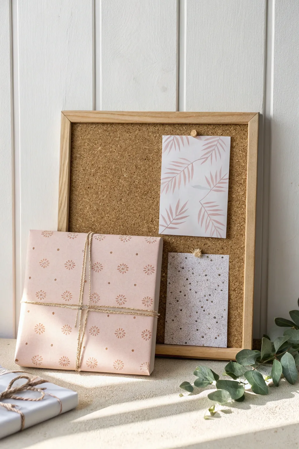 Transform your cork board with seasonal wrapping paper for a fresh, minimalist update!