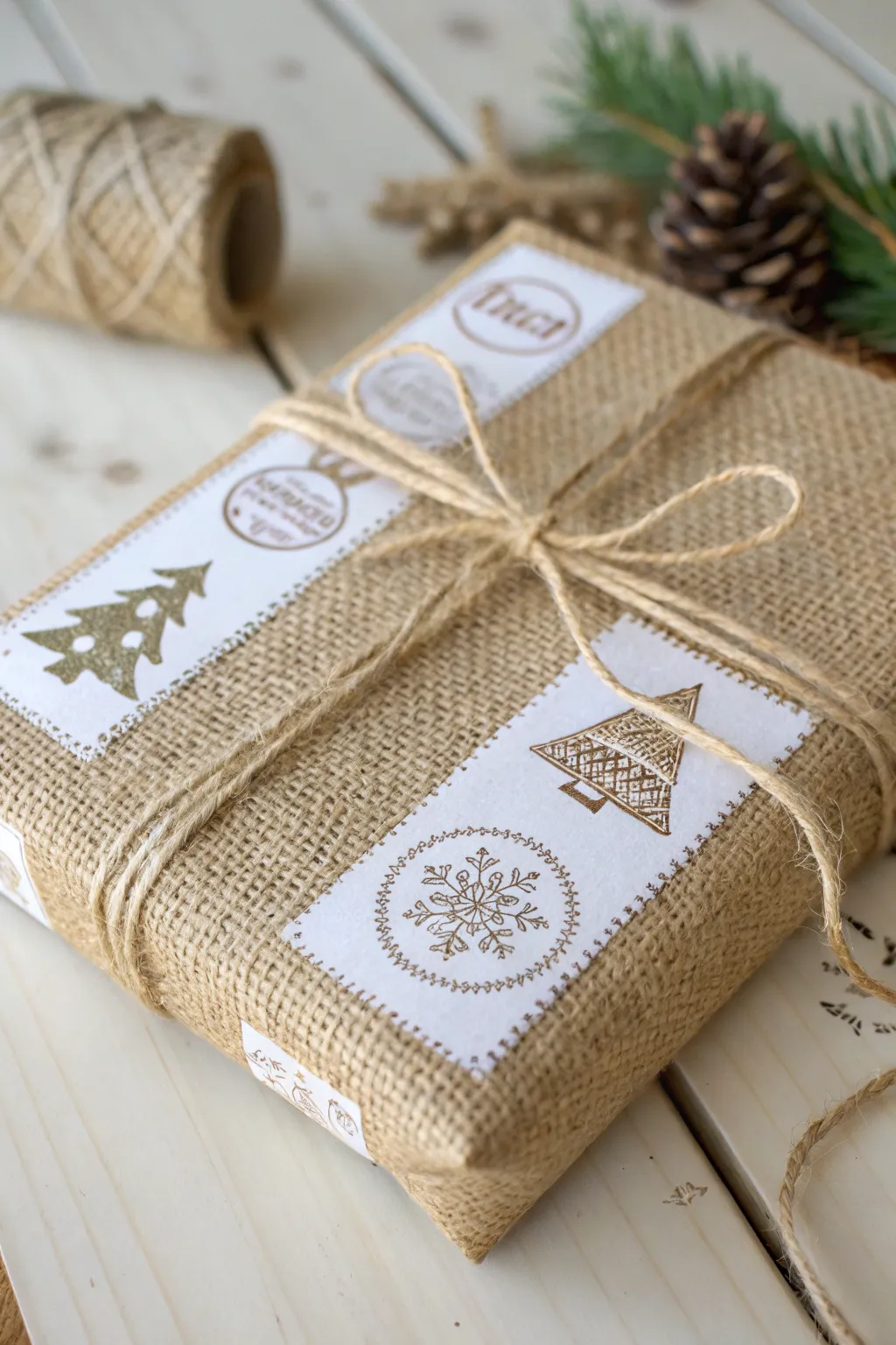 Elevate your gift wrapping with charming stamped burlap for a touch of personalized elegance.