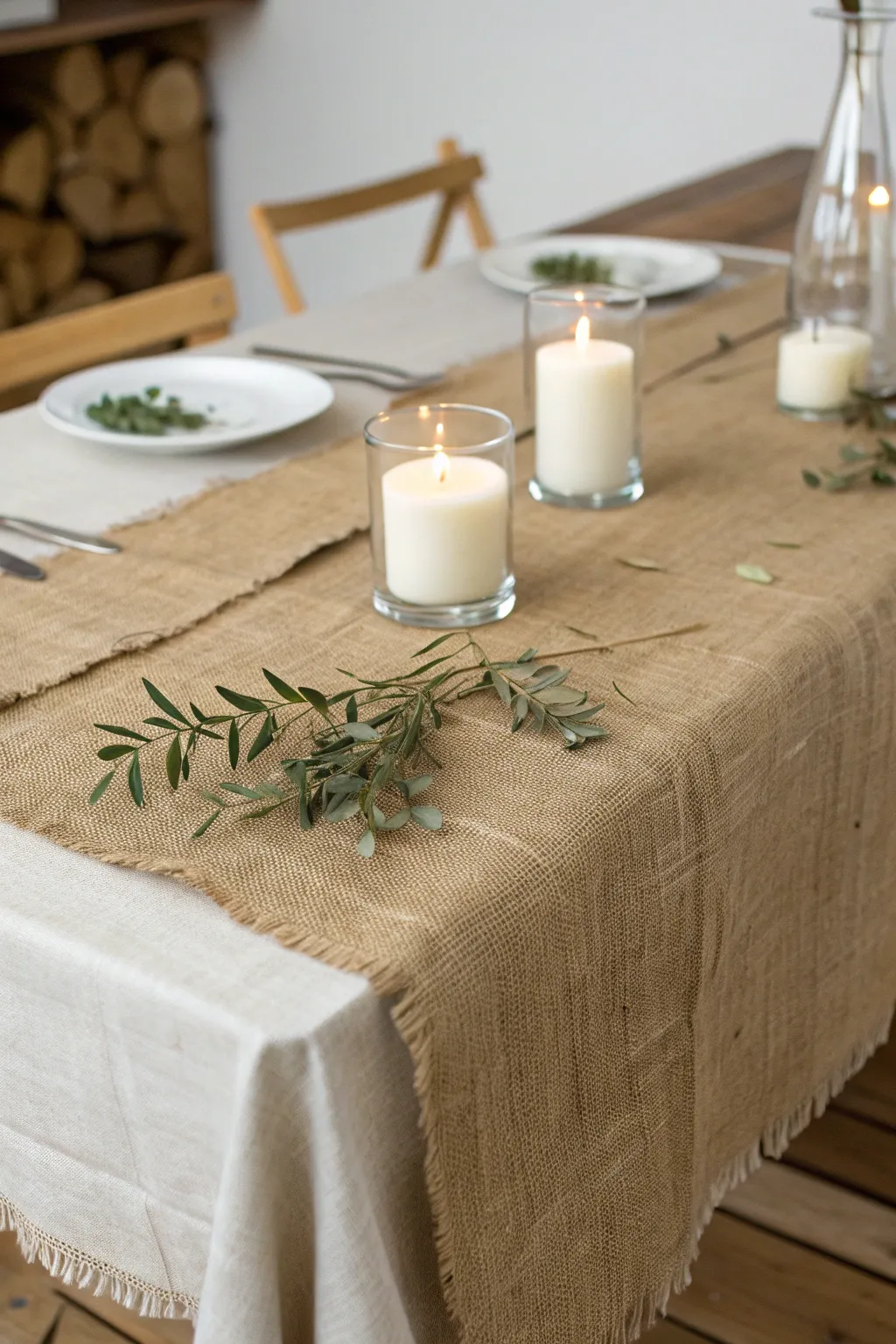 Embrace the cozy charm of burlap and candlelight for your next intimate dinner setting.