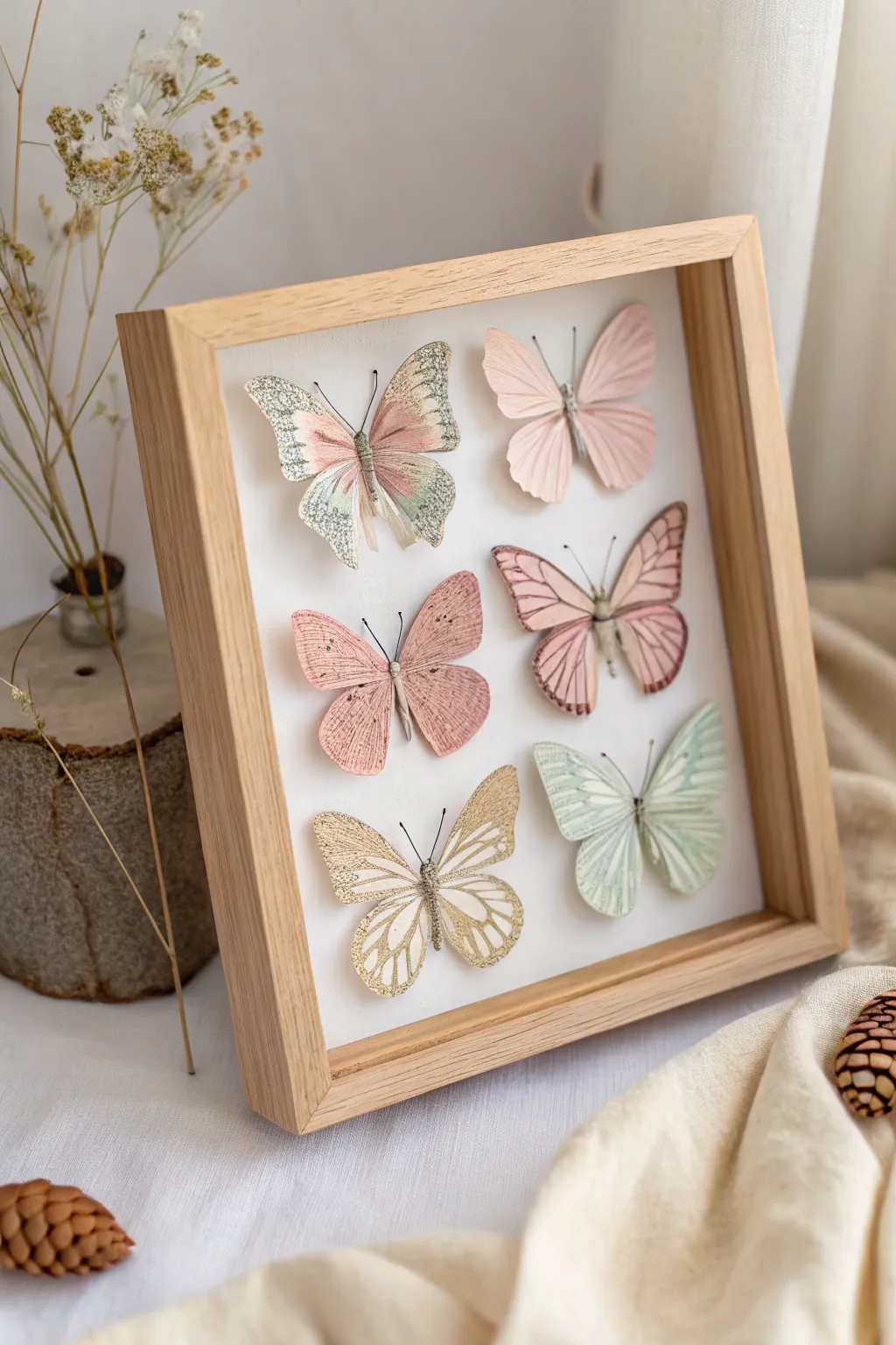 Capture the essence of nature with these exquisite faux butterfly specimens, beautifully framed for a timeless, minimalist aesthetic.