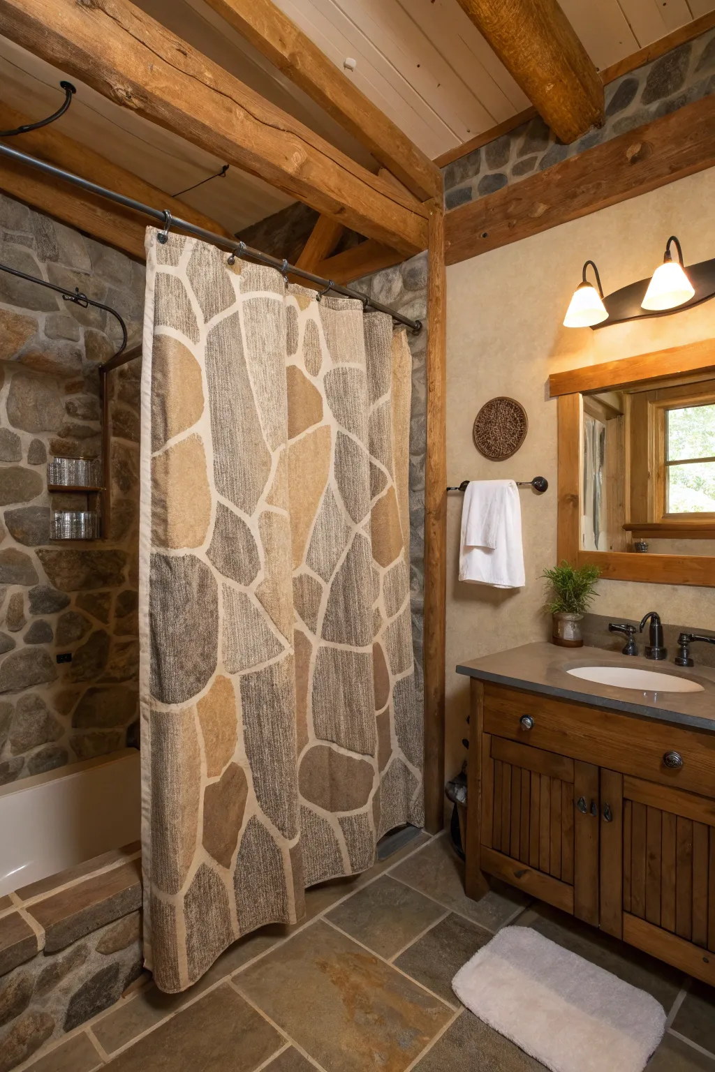 A stone pattern shower curtain for a rugged, elegant touch.