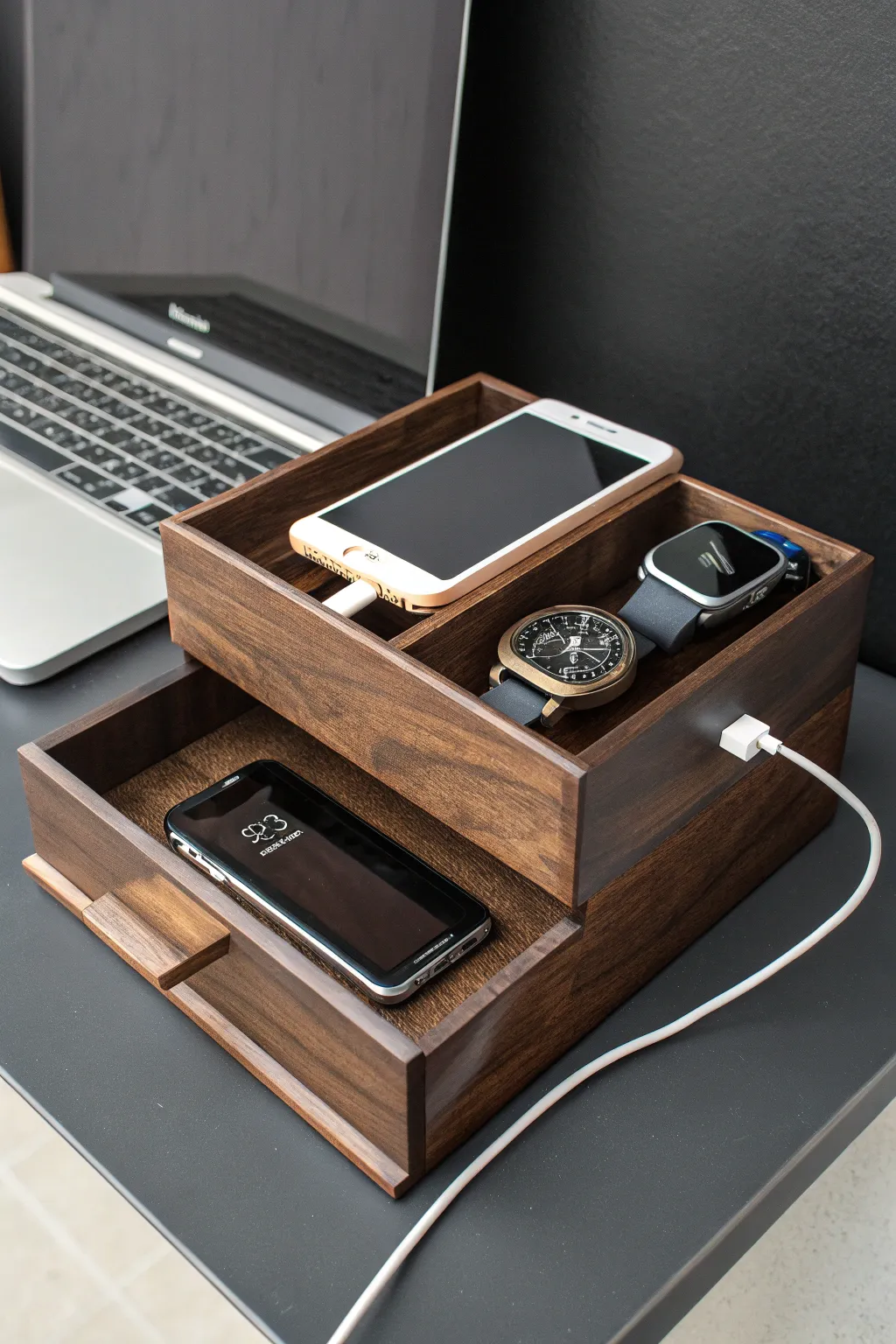Elevate your workspace with this stylish multi-level cable management solution.