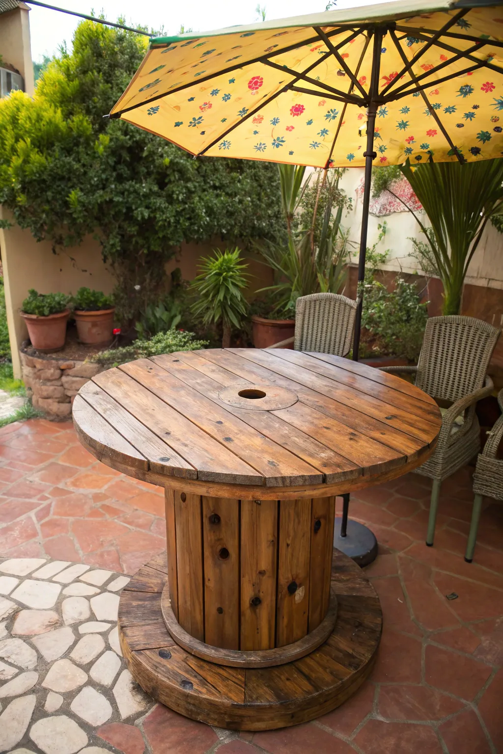 Transform your outdoor space with this stylish cable spool table, perfect for sunny afternoons!