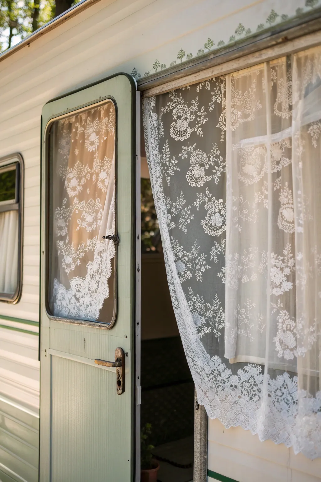 Enhance your camper with a touch of elegance: Lace coverings bring a timeless charm to your adventures.